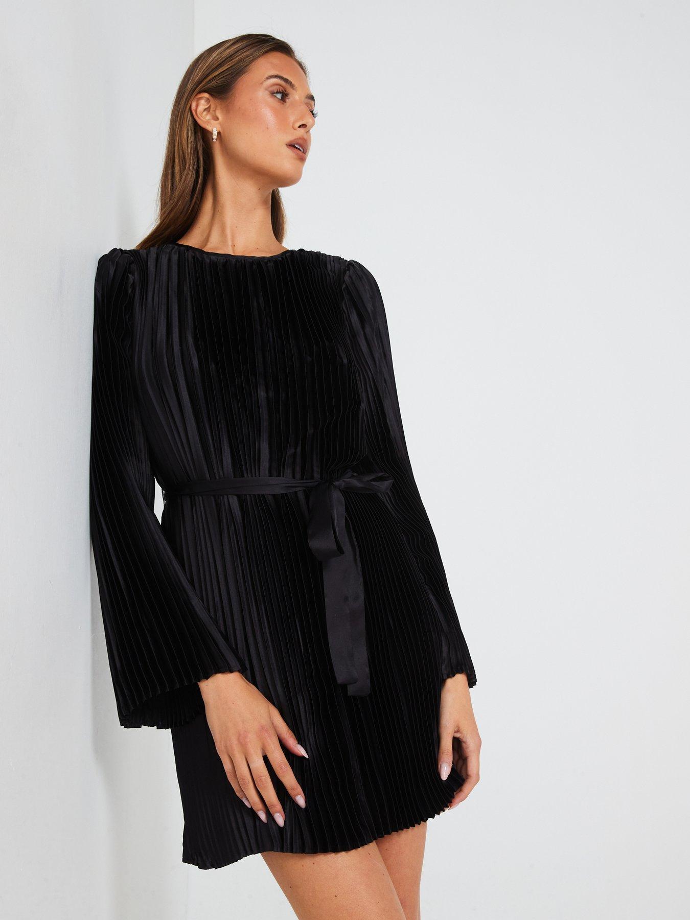undefined Pleated Belted Mini Dress - Black