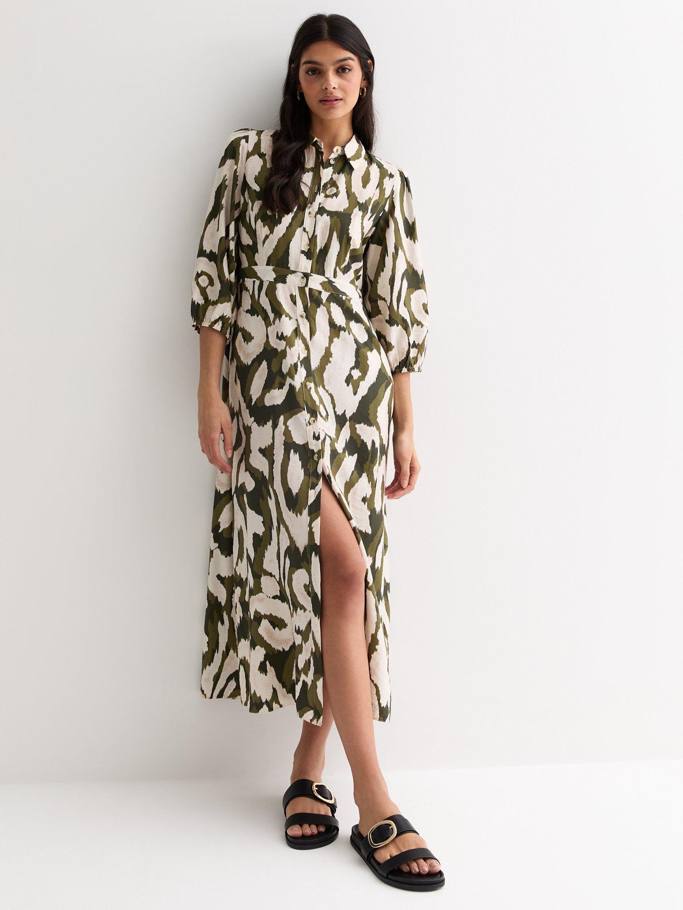 undefined Green Abstract Print 3/4 Sleeve Midi Shirt Dress
