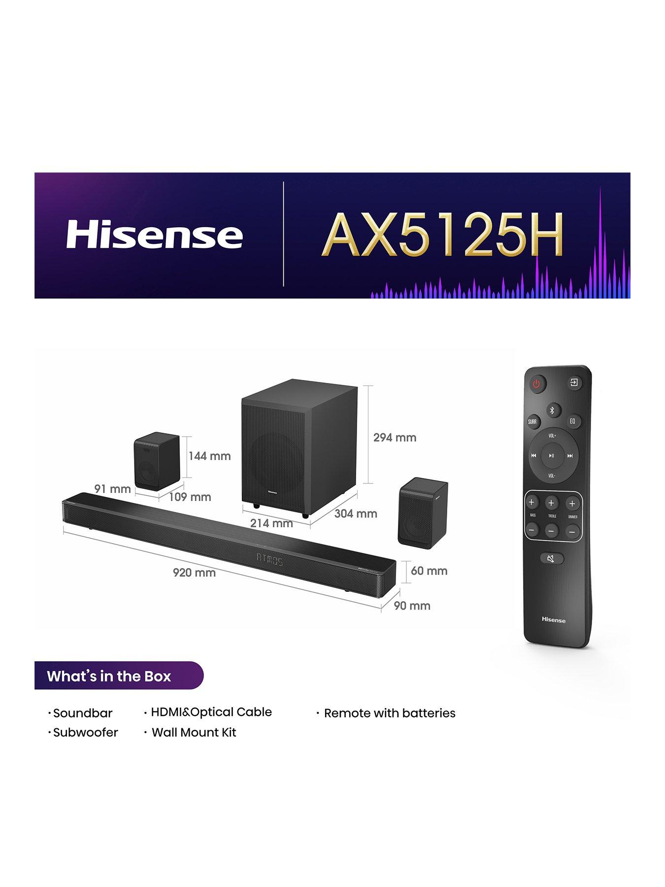  image of hisense-ax5125h-512-channel-500w-dolby-atmos-soundbar-with-wireless-subwoofer-and-turly-rear-speakers