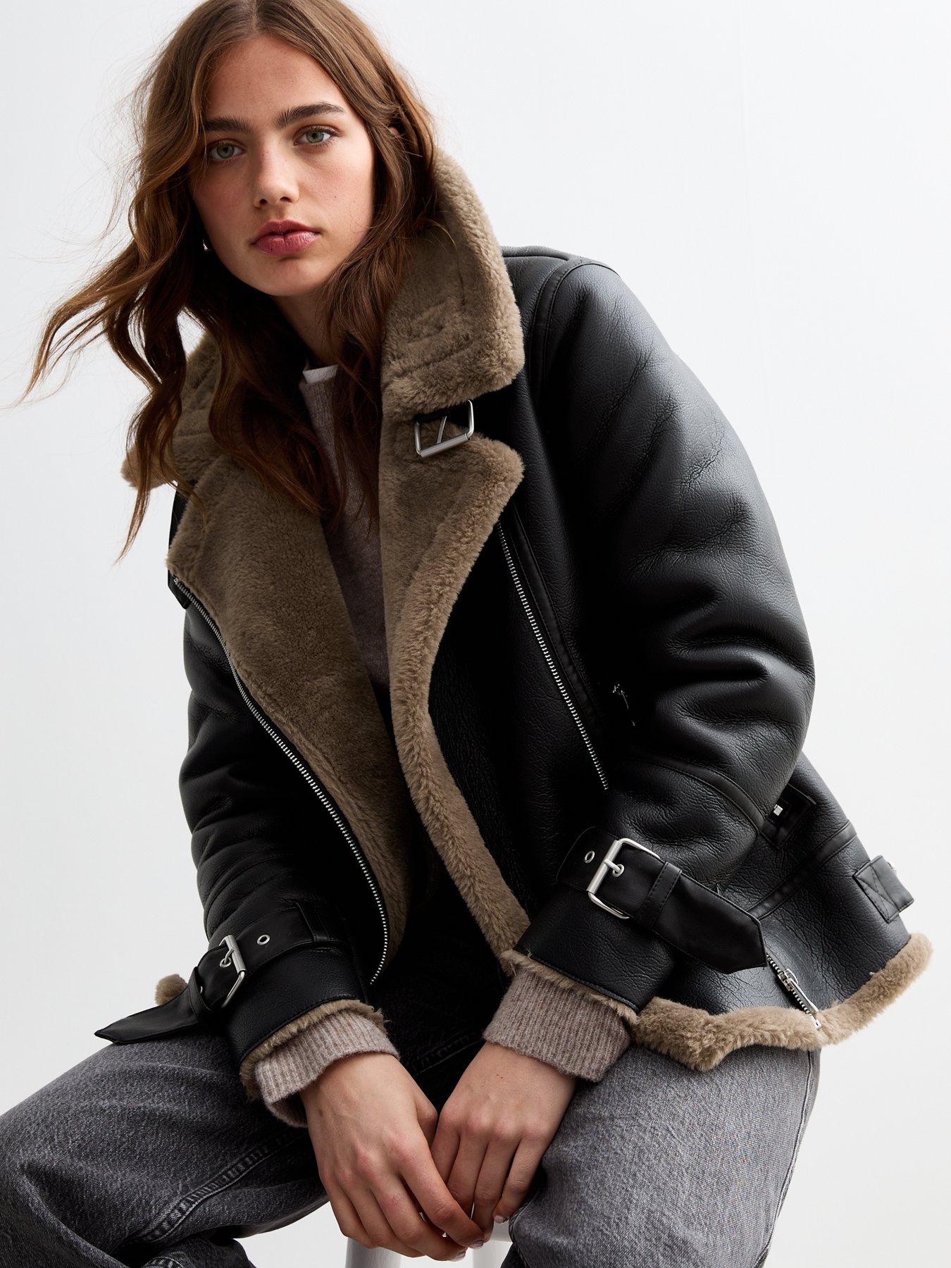 undefined Black Faux Shearling Aviator Jacket