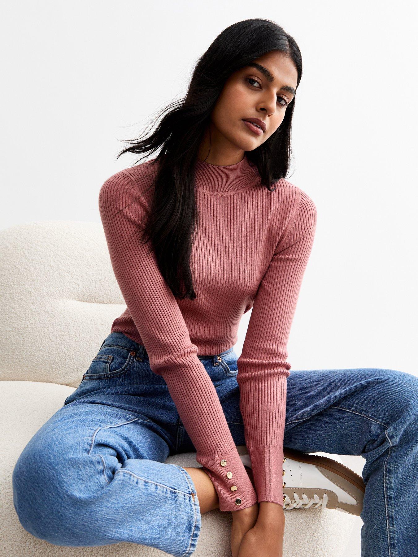 New Look Ribbed Buttoned Cuff Jumper - Pink | Littlewoods