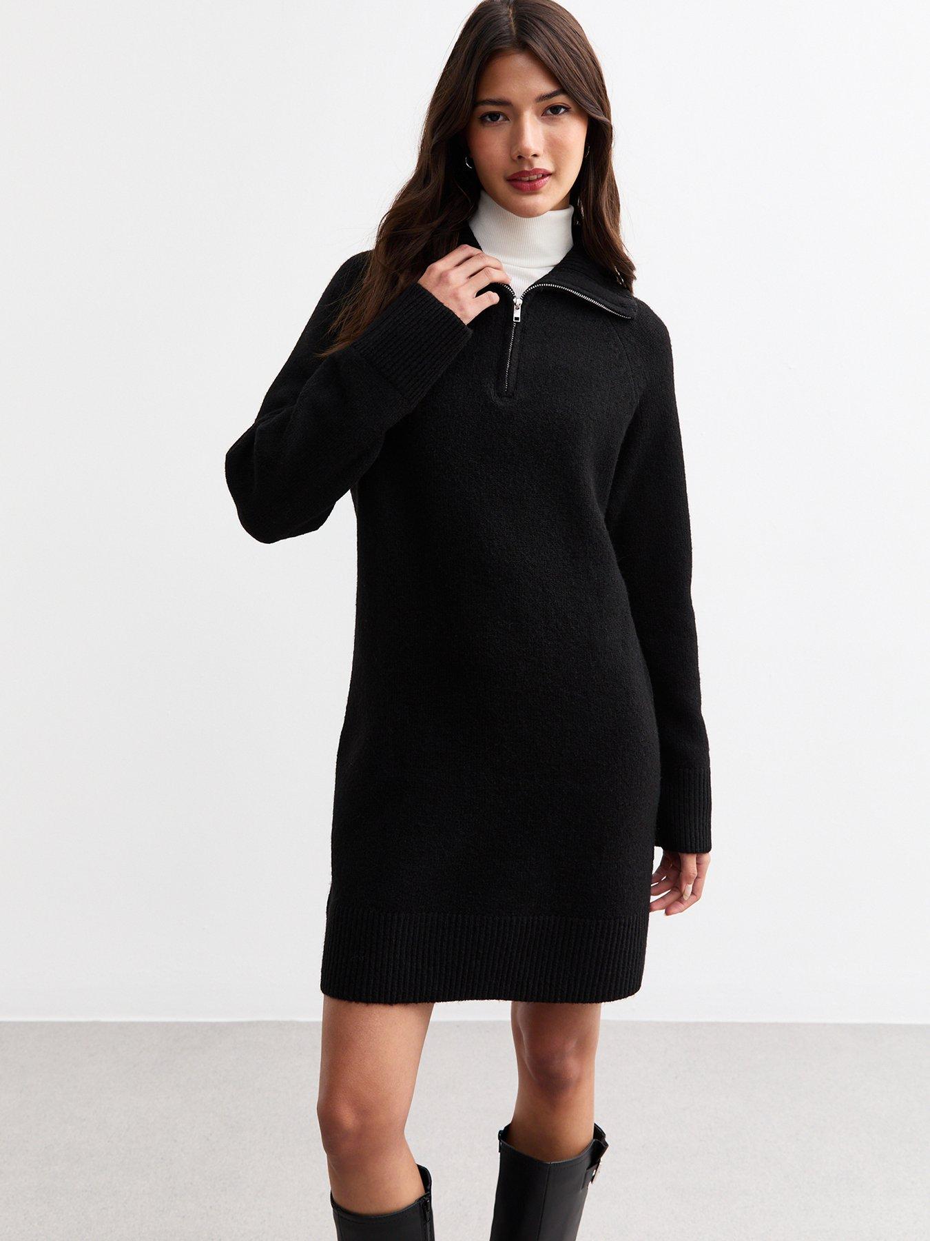undefined Knitted Half Zip Mini Jumper Dress - Black