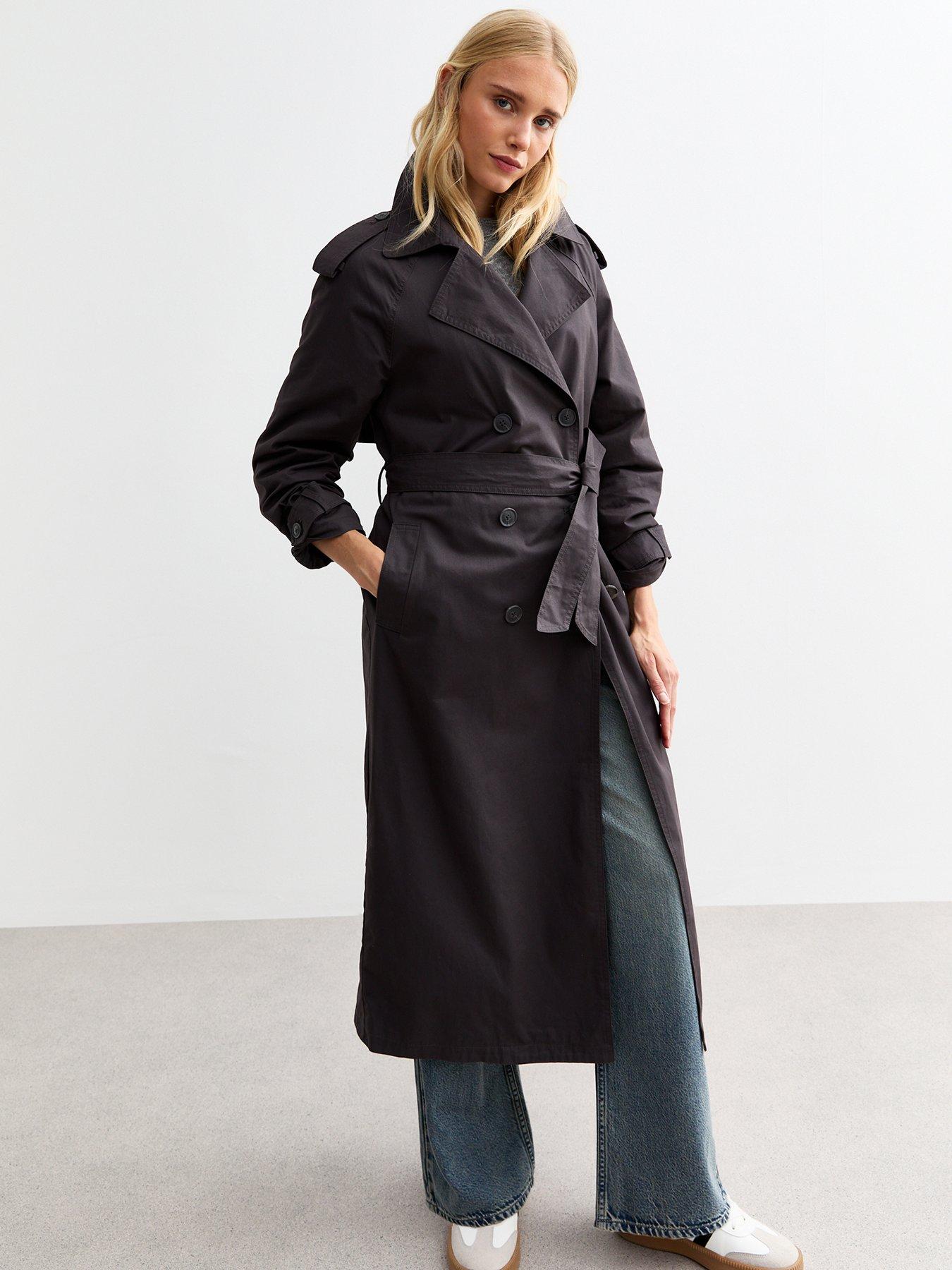 New Look Double-Breasted Lined Cotton Trench Coat Dark Grey