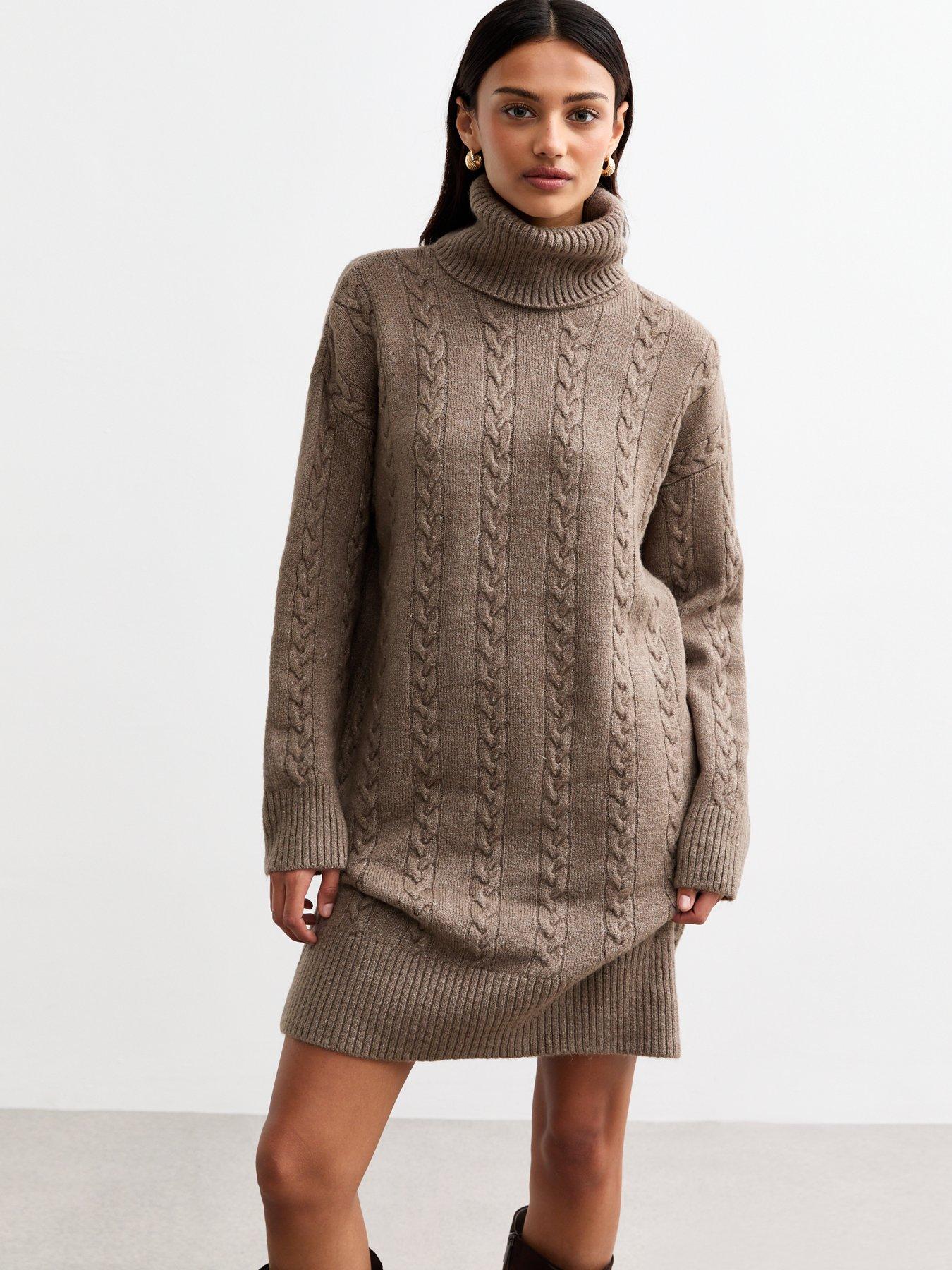undefined Mink Cable Roll Neck Knit Mini Dress - Brown