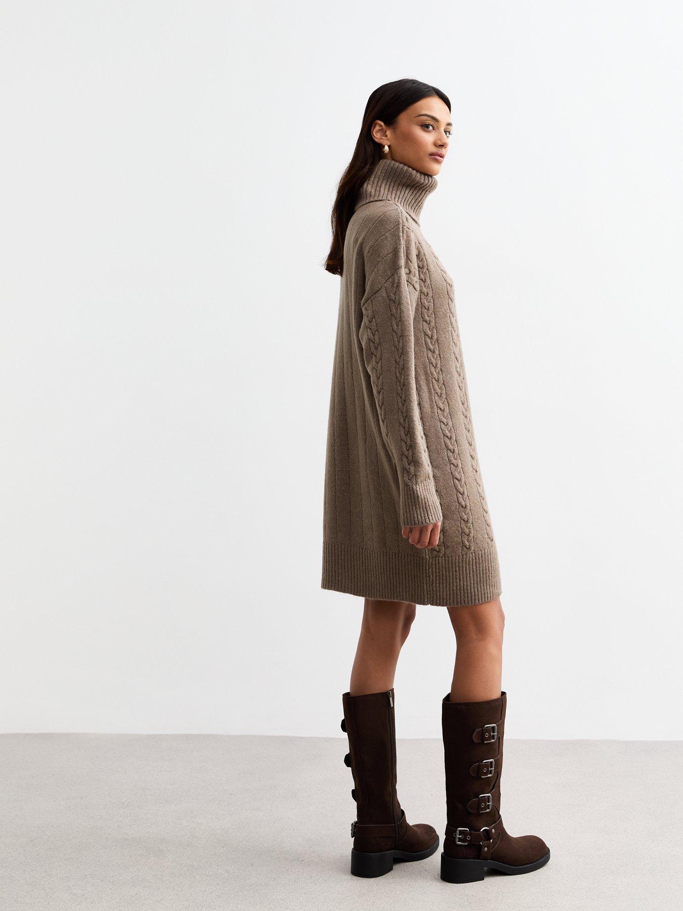  image of new-look-mink-cable-roll-neck-knit-mini-dress-brown
