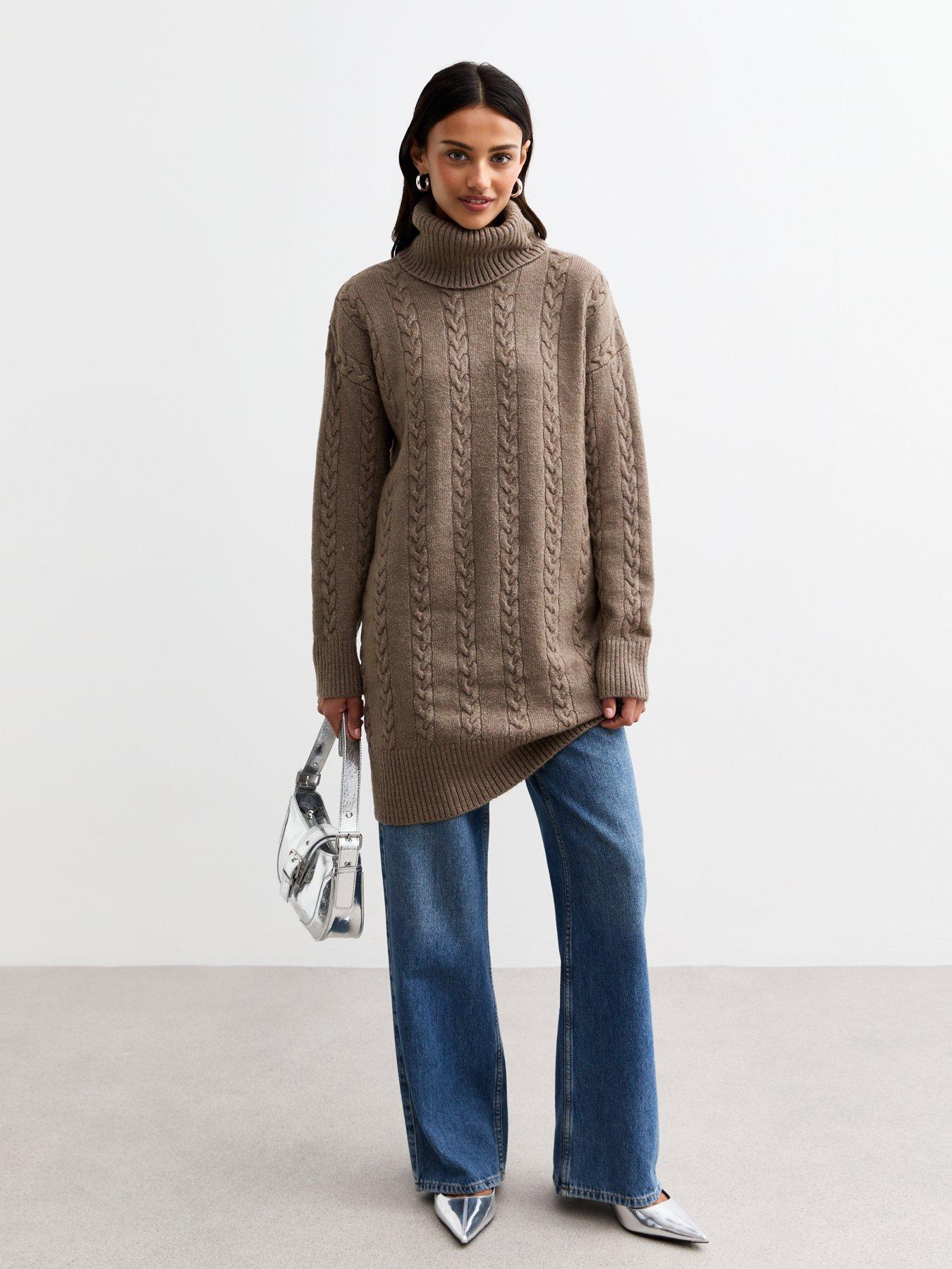  image of new-look-mink-cable-roll-neck-knit-mini-dress-brown