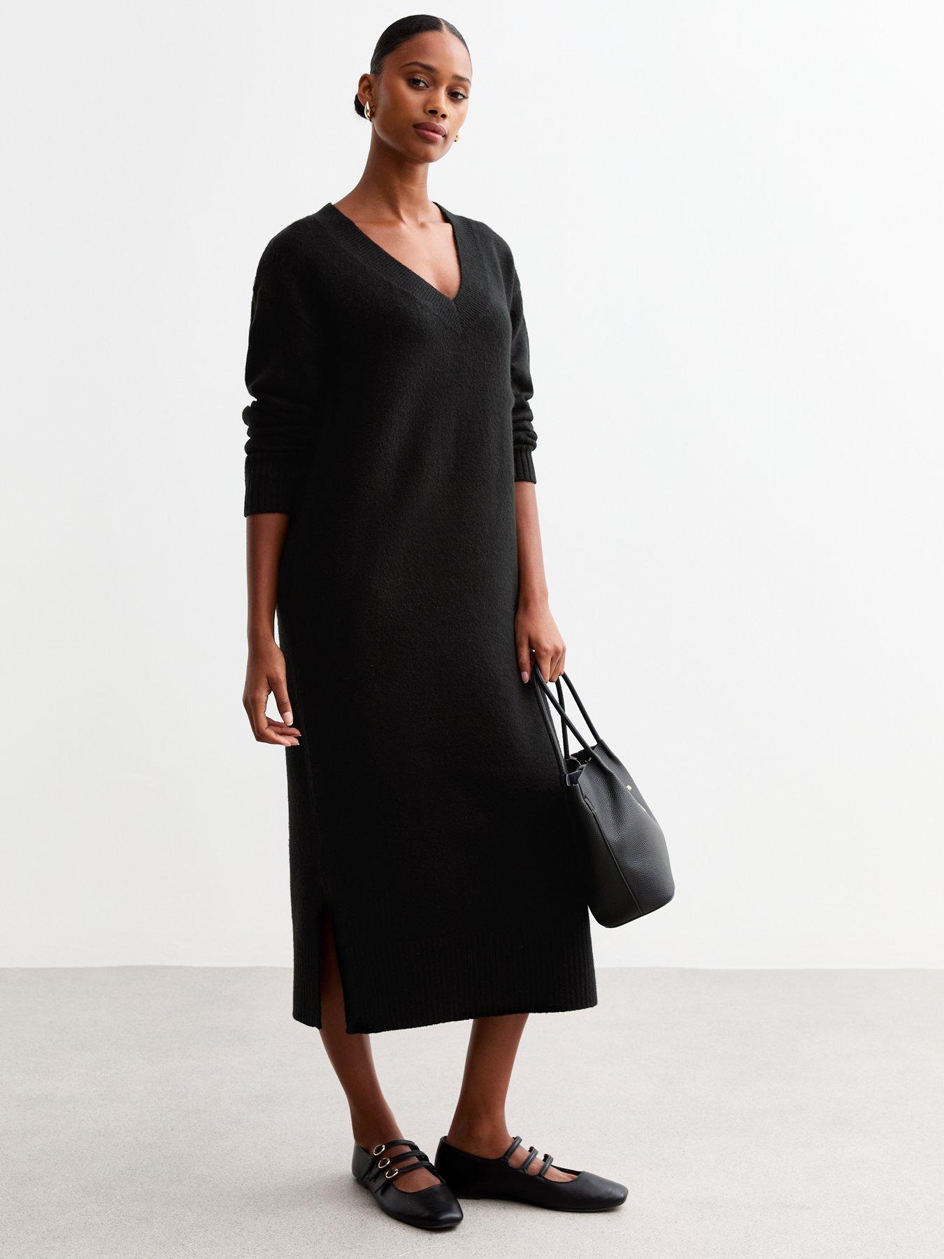 undefined V Neck Knit Midi Jumper Dress - Black