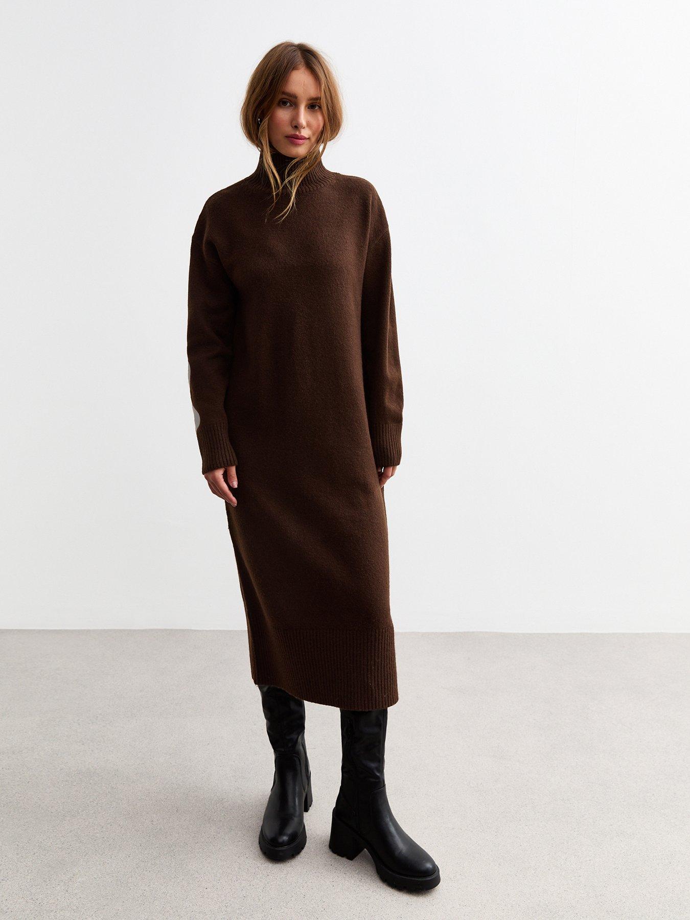 undefined Brown Knit High Neck Midi Dress - Dark Brown