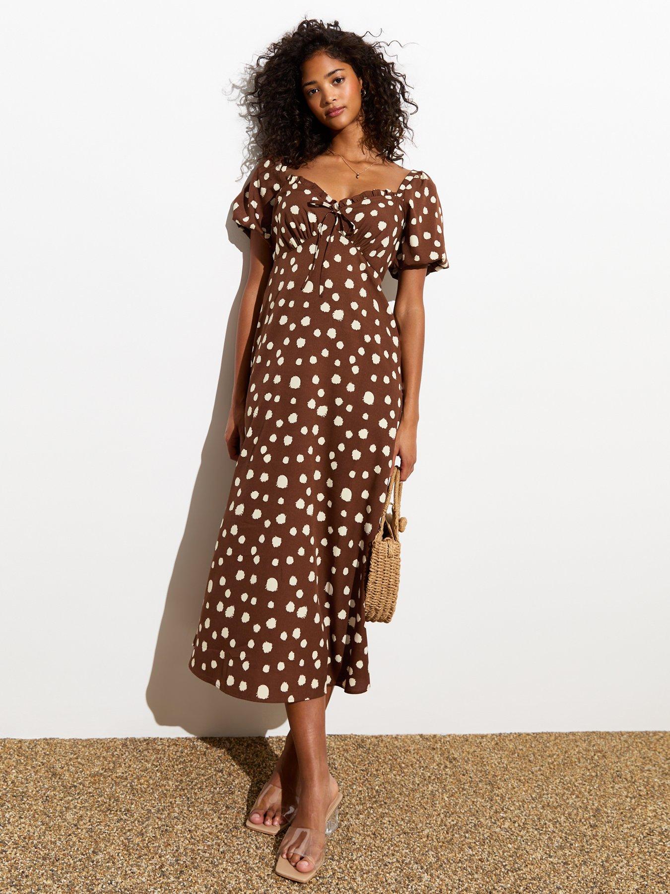 New Look Brown Spot Puff Sleeve Milkmaid Midi Dress littlewoods