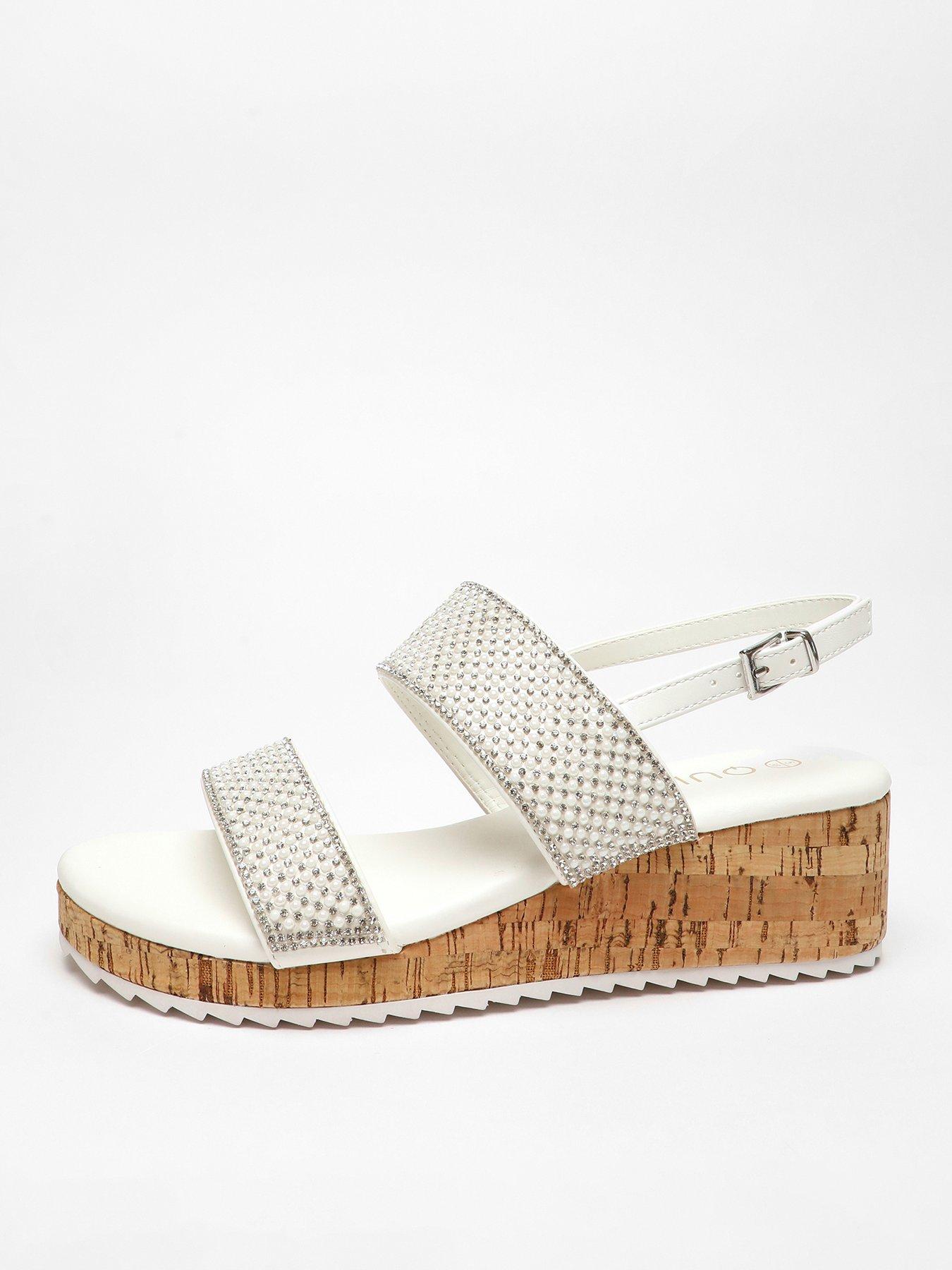 Diamante Double Strap Low Wedges White