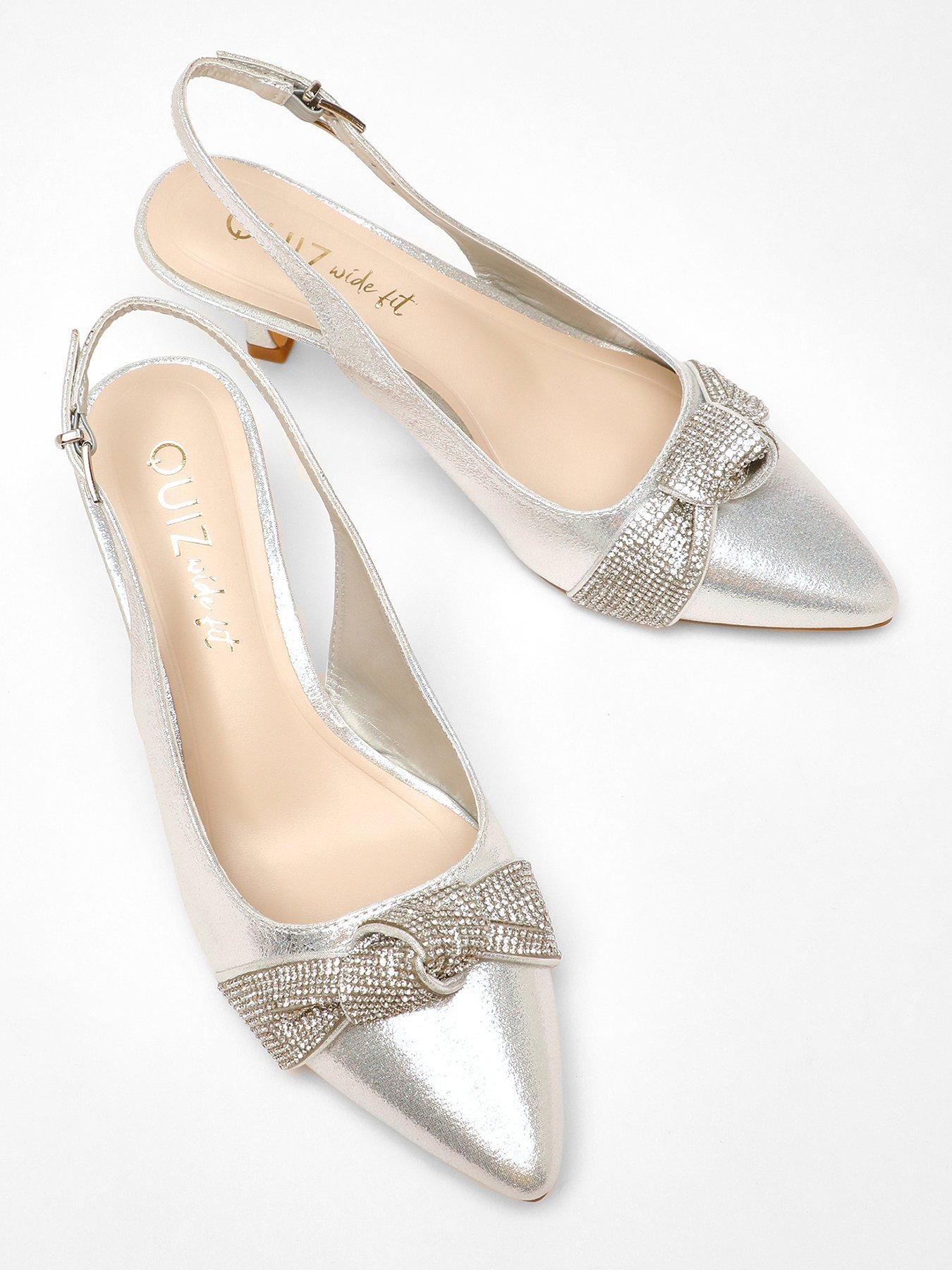 Quiz Wide Fit Silver Diamante Knot Sling Back Low Heels Littlewoods