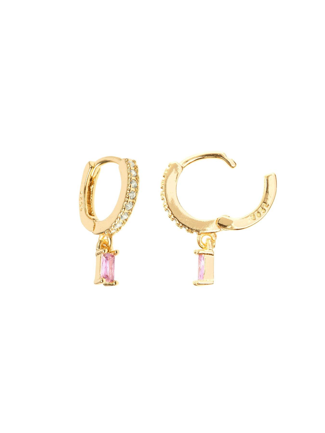  image of the-love-collection-pink-rectangle-dropper-huggie-hoops