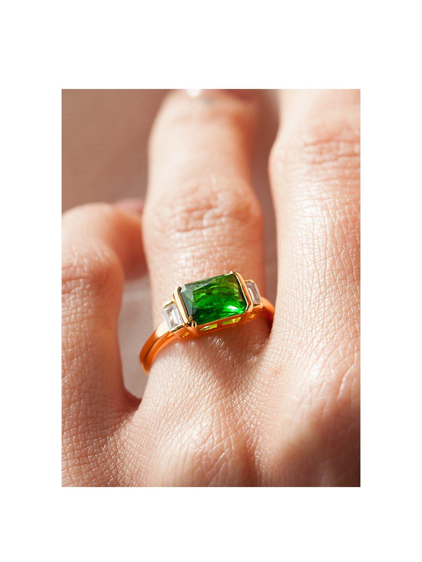  image of the-love-collection-18ct-gold-plated-emerald-baguette-triple-cz-engagement-ring