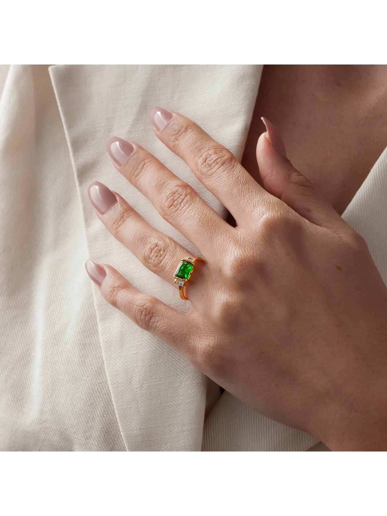  image of the-love-collection-18ct-gold-plated-emerald-baguette-triple-cz-engagement-ring