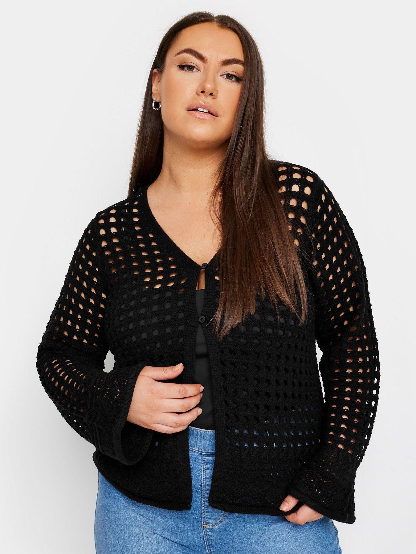 undefined Button Thru Crochet Cardi - Black