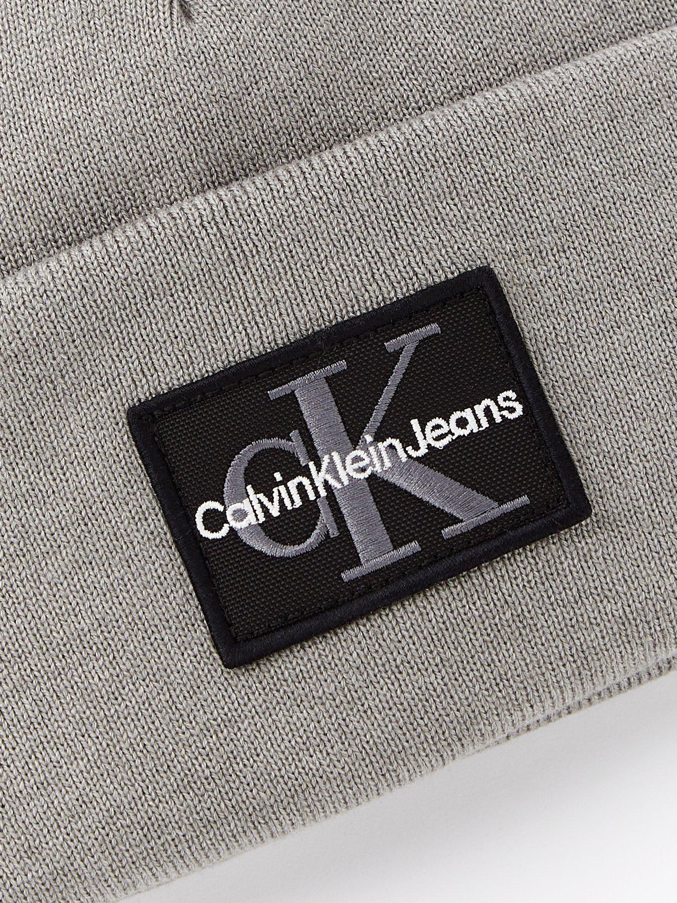 Image 3 of 4 of Calvin Klein Jeans Mono Logo Patch Beanie Hat - Grey