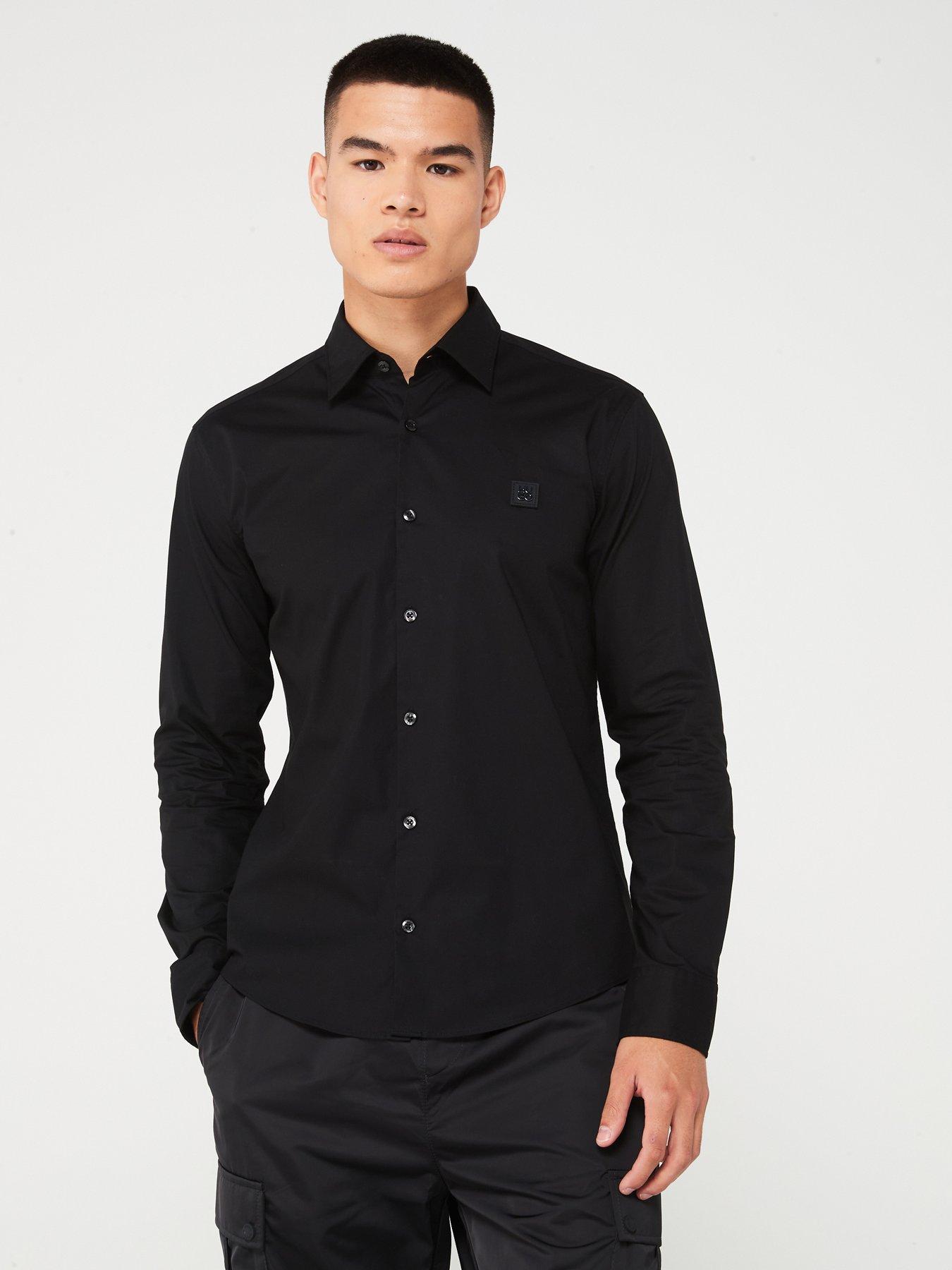  image of hugo-ermo-stacked-nickel-logo-slim-fit-long-sleeve-shirt-black