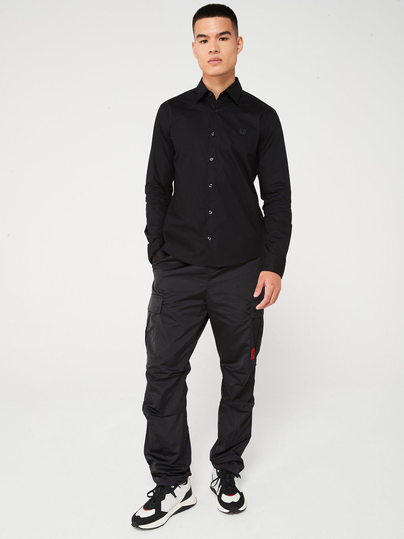  image of hugo-ermo-stacked-nickel-logo-slim-fit-long-sleeve-shirt-black