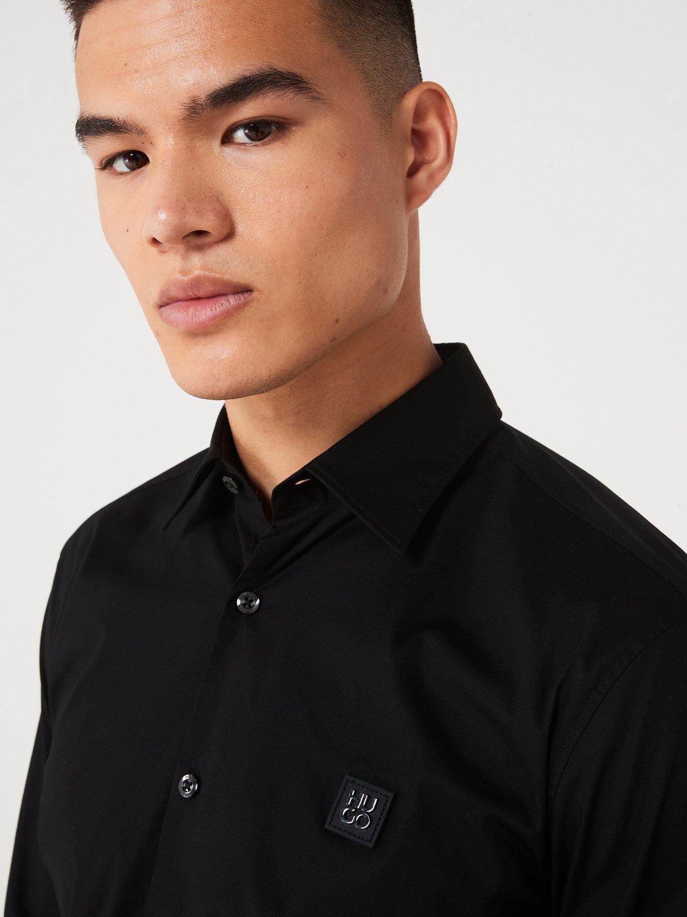  image of hugo-ermo-stacked-nickel-logo-slim-fit-long-sleeve-shirt-black