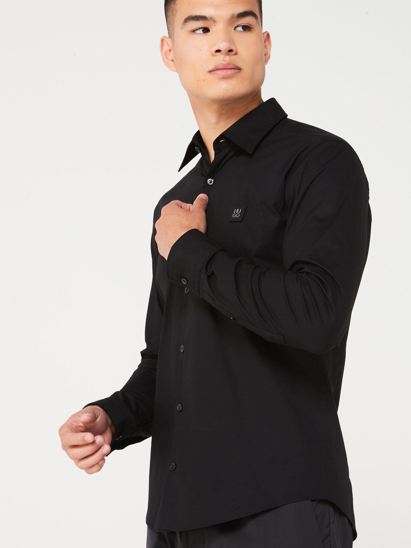  image of hugo-ermo-stacked-nickel-logo-slim-fit-long-sleeve-shirt-black