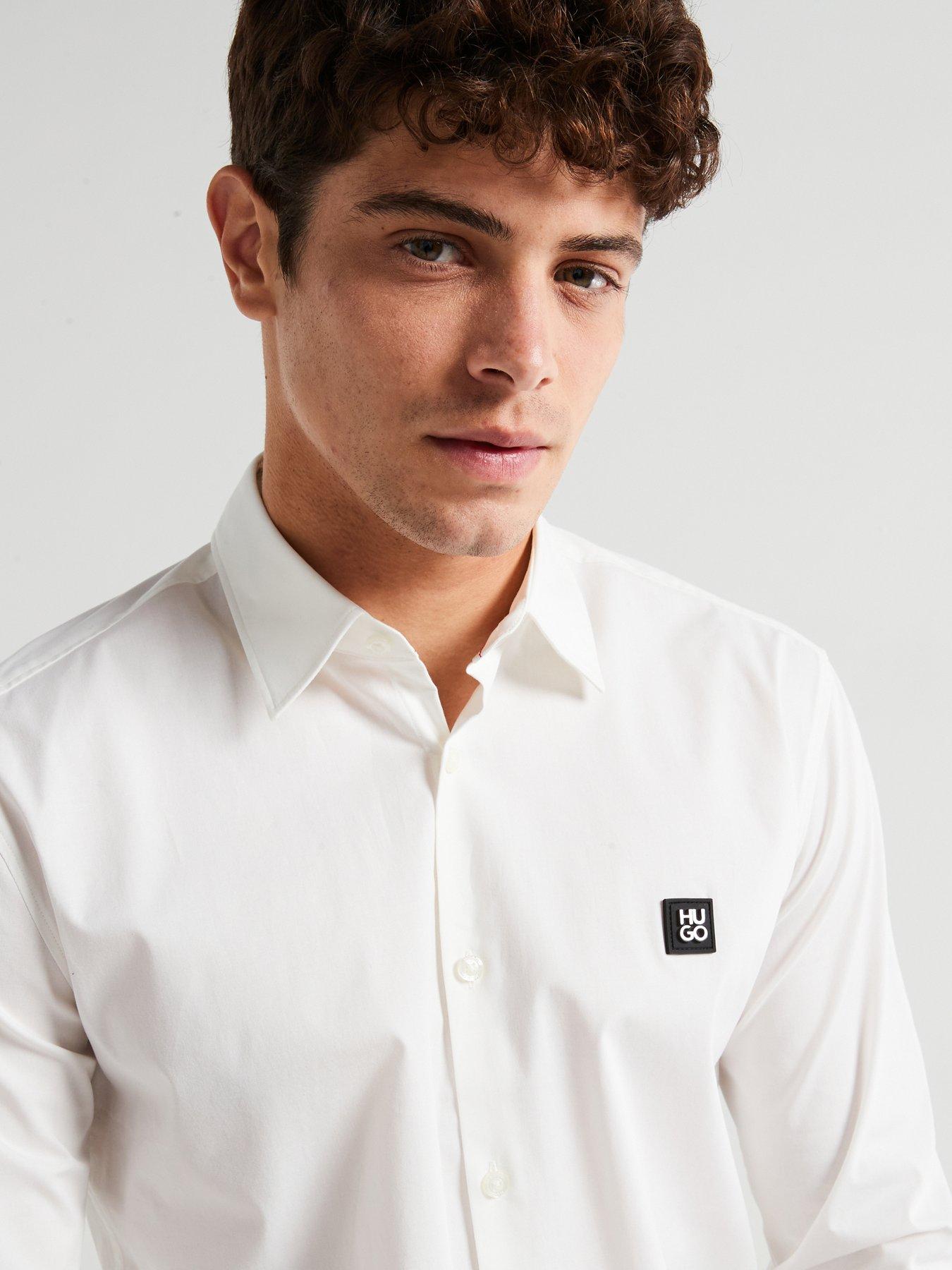 HUGO Ermo Stacked Nikal Logo Slim Fit Long Sleeve Shirt - White