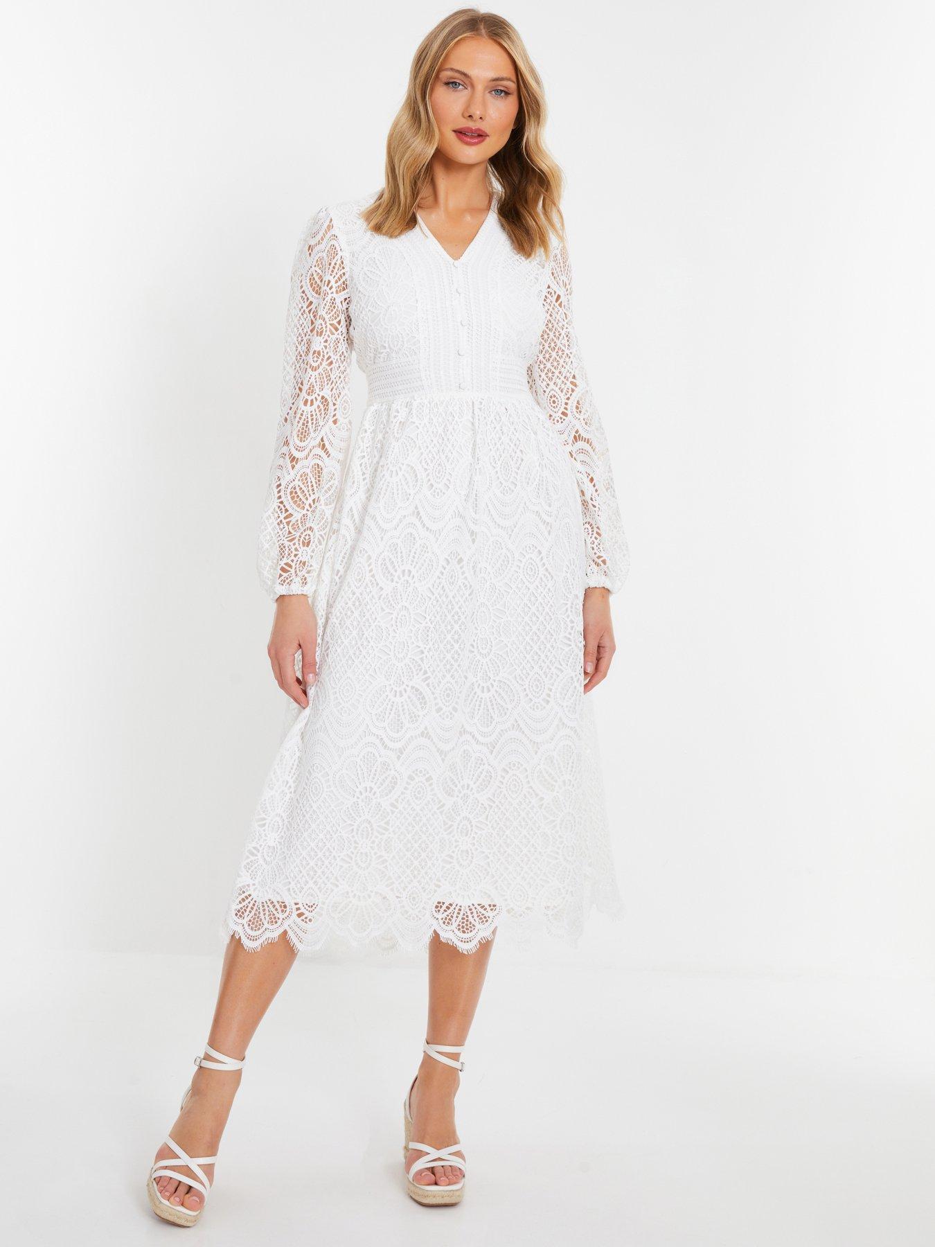 Quiz White Crochet Lace Long Sleeve Midi Dress | littlewoods.com