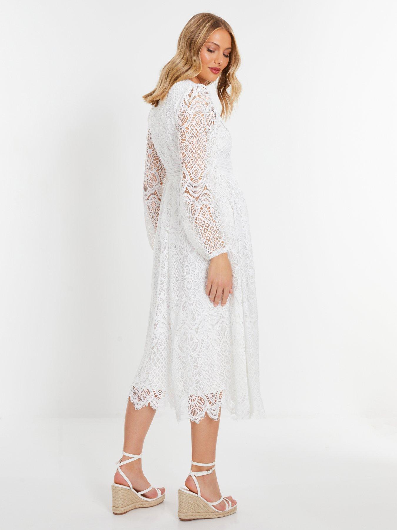 White Crochet Lace Long Sleeve Midi Dress