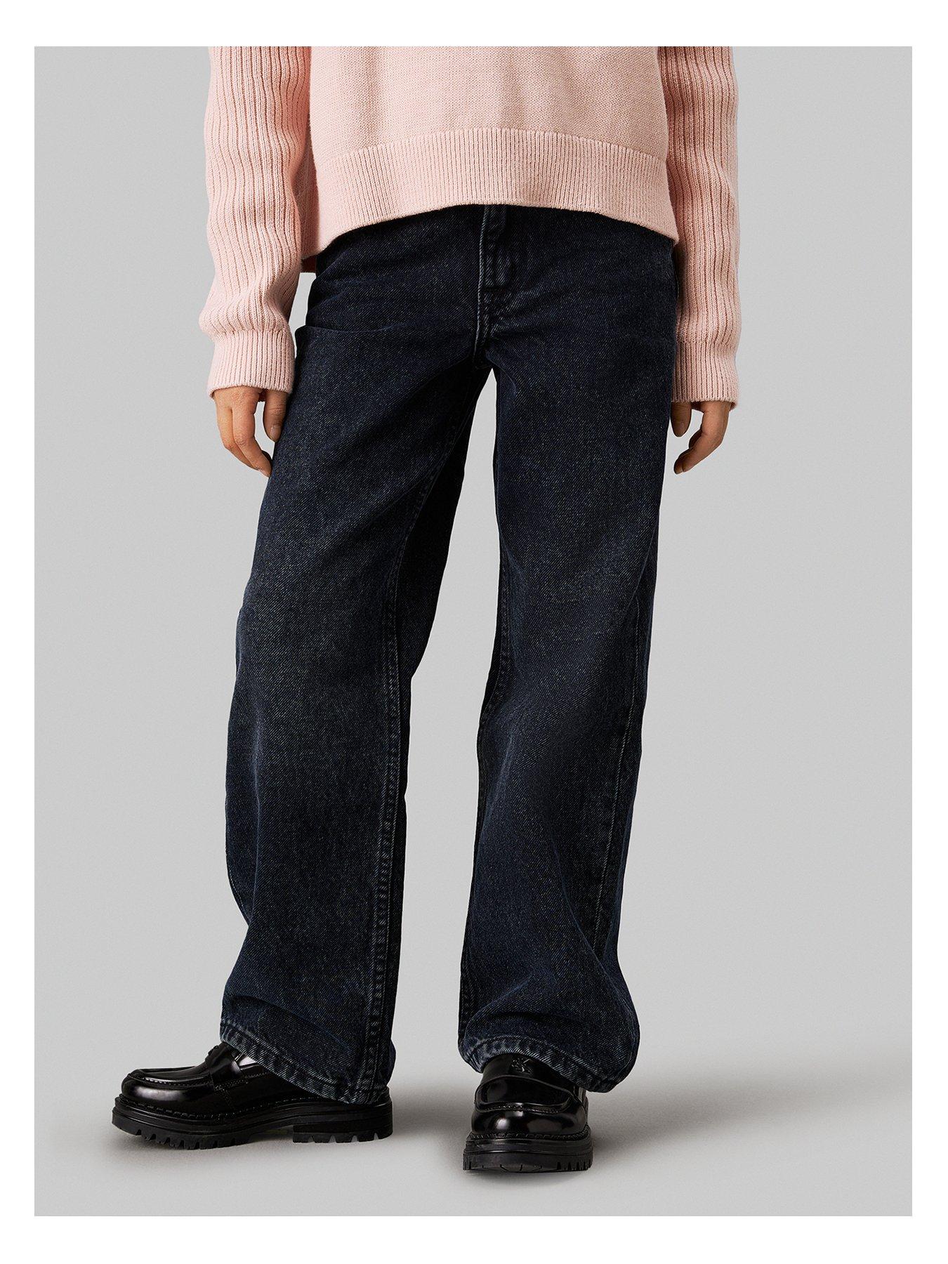 undefined Girls Wide Leg Blue Black Rigid Denim Jeans - Black