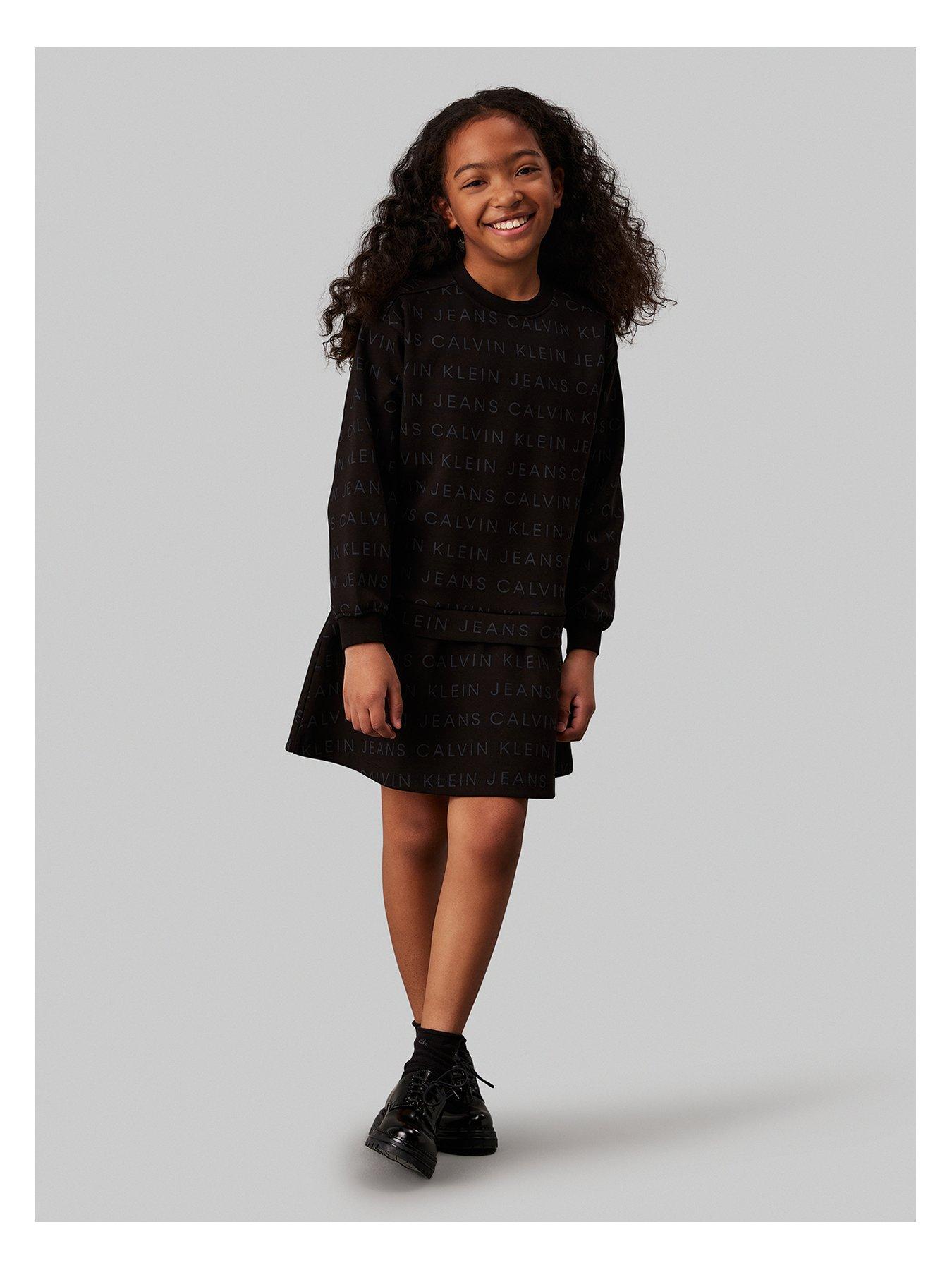 undefined Girls Logo All Over Print Fleece Long Sleeve Dress - Black