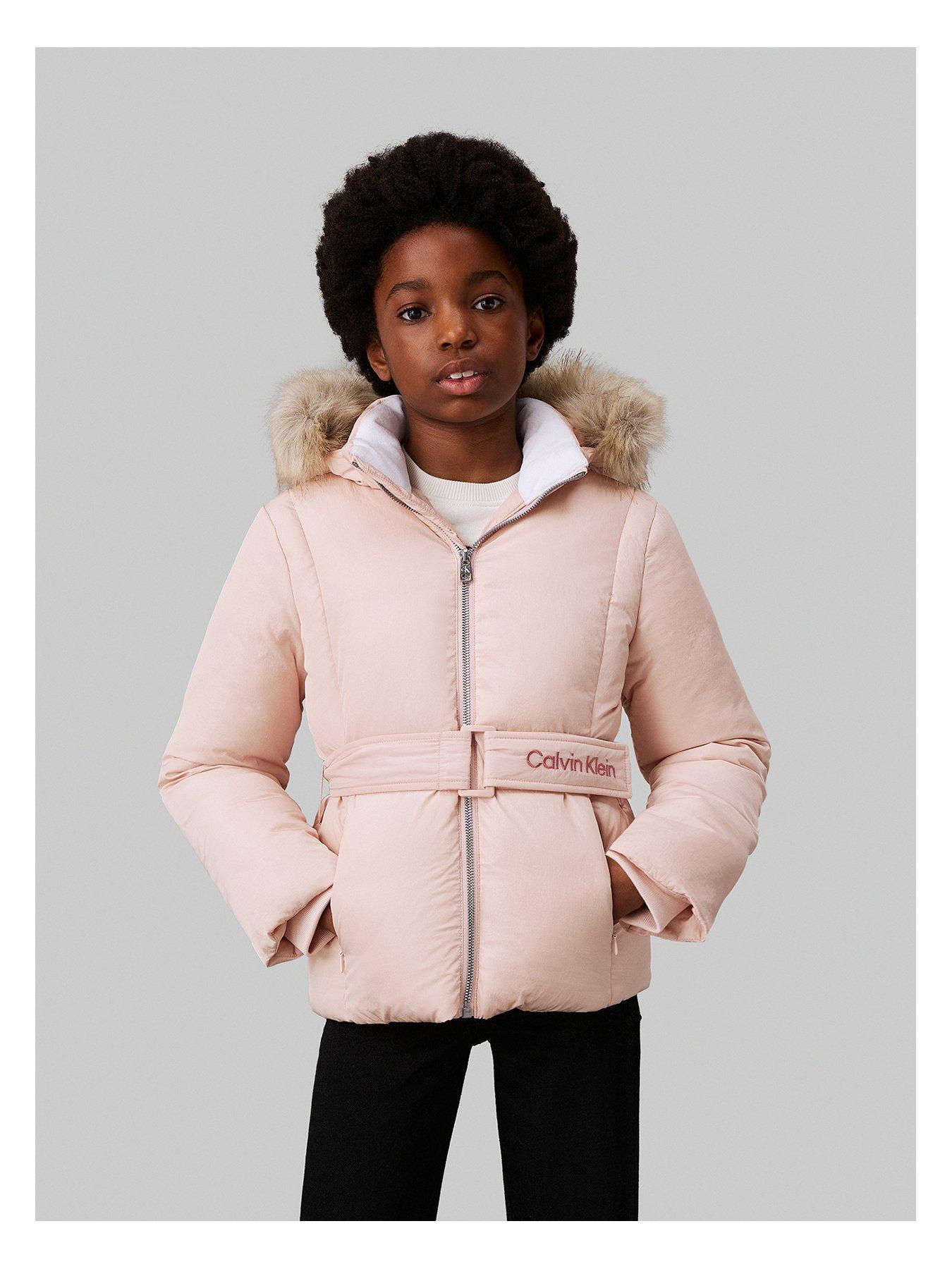 Girls Classic Belted Faux Fur Jacket Light Pink