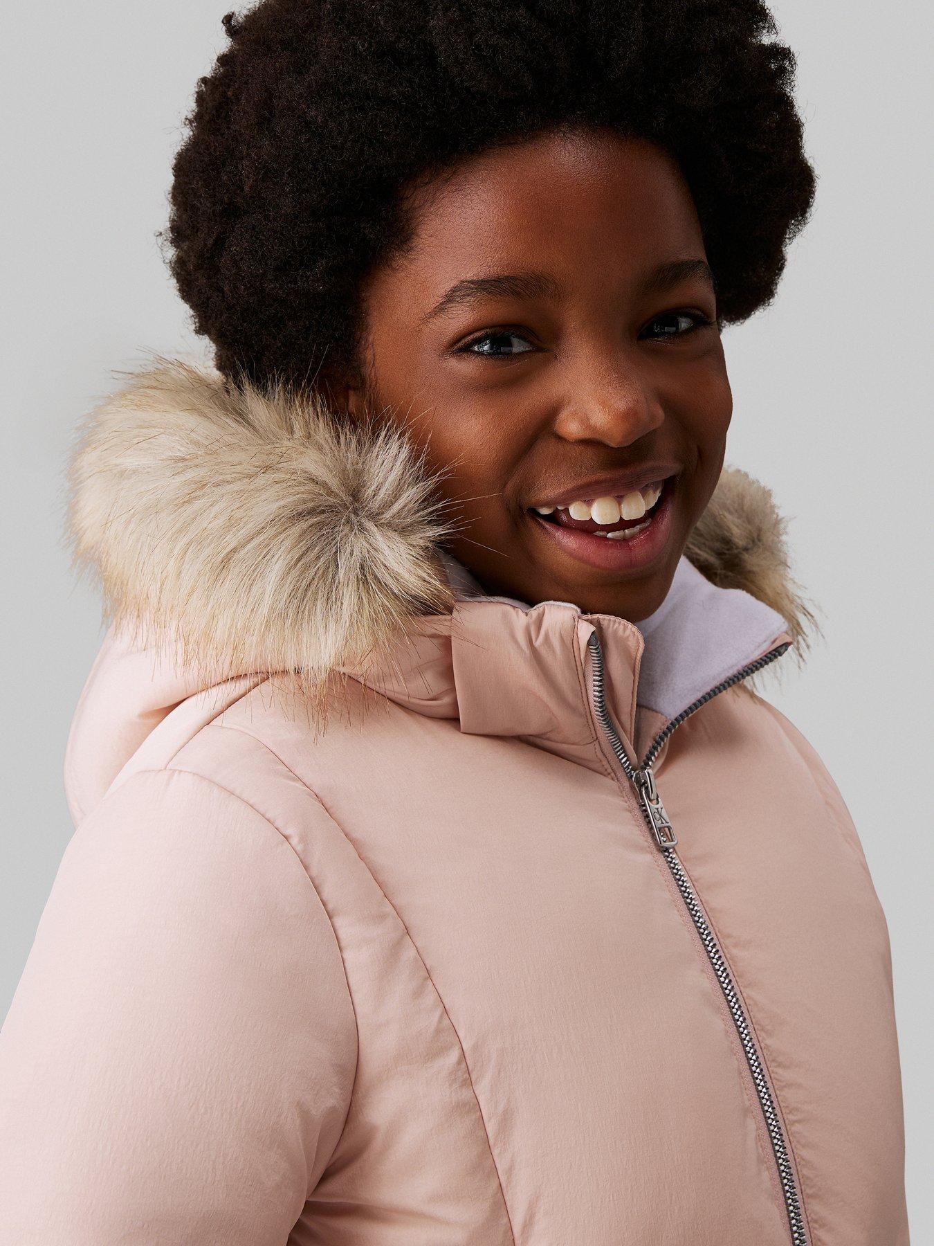 Girls Classic Belted Faux Fur Jacket Light Pink