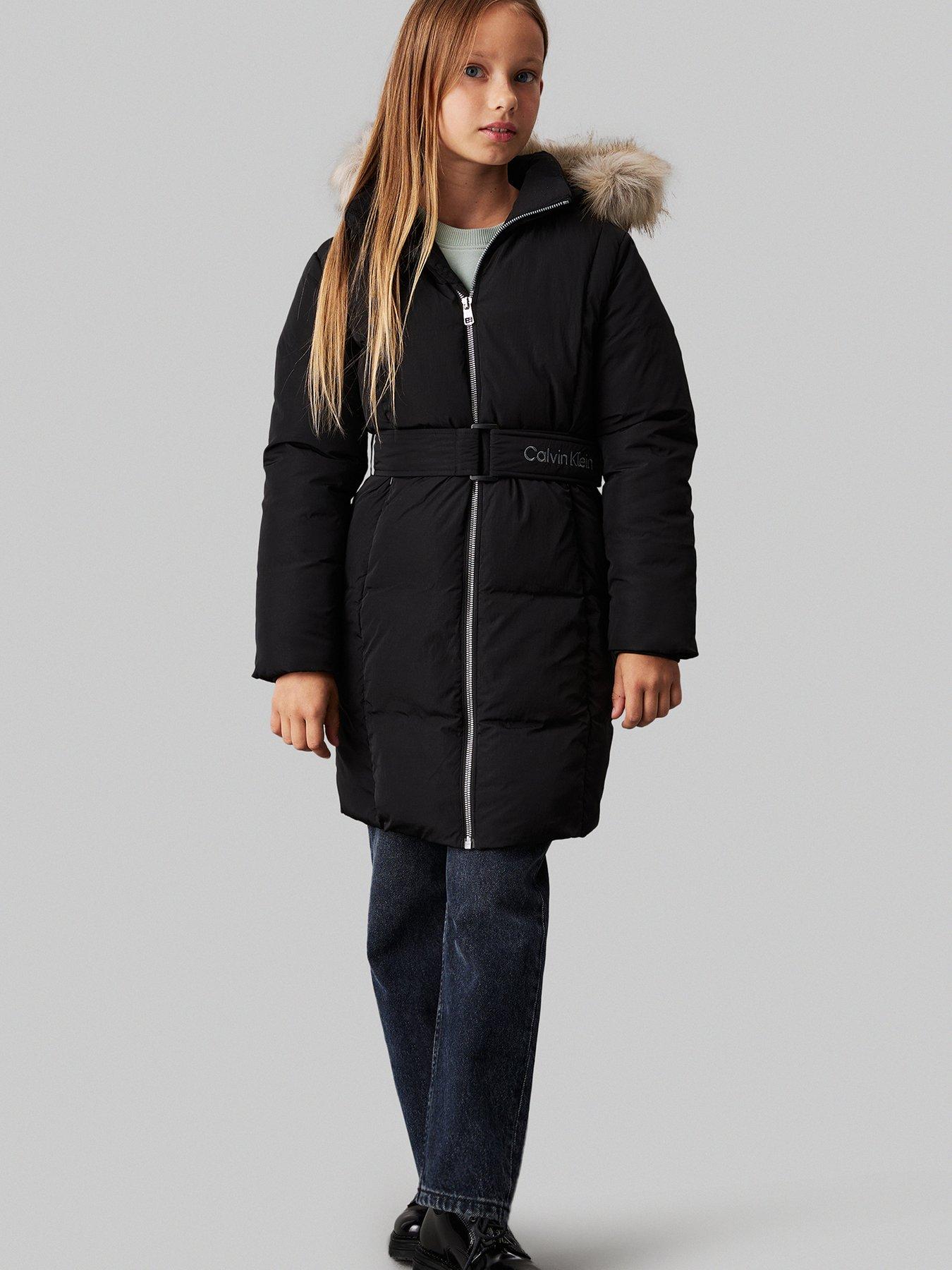undefined Girls Classic Belted Faux Fur Long Jacket - Black