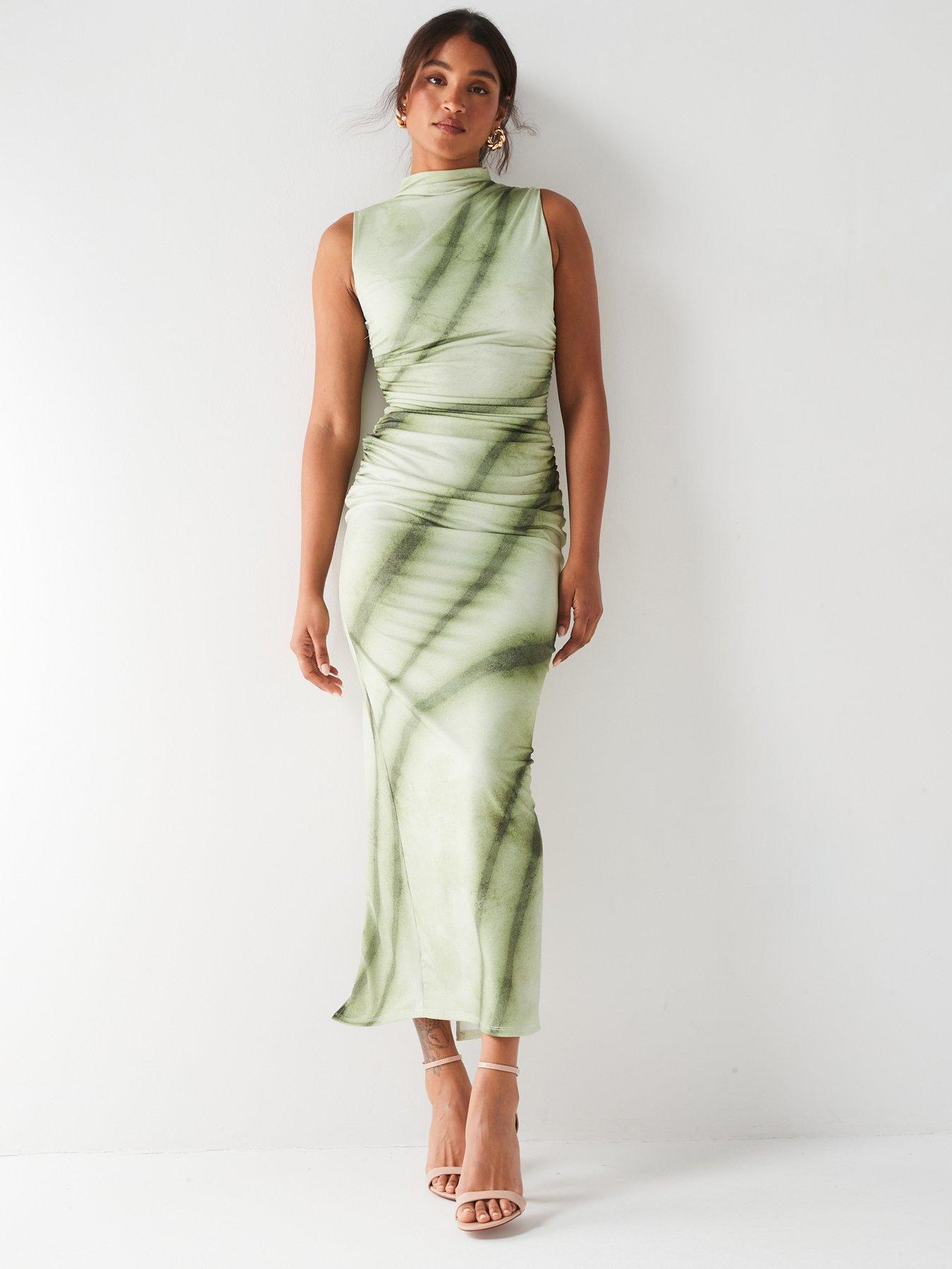 V by Very Ruched Printed Midaxi Dress Green littlewoods