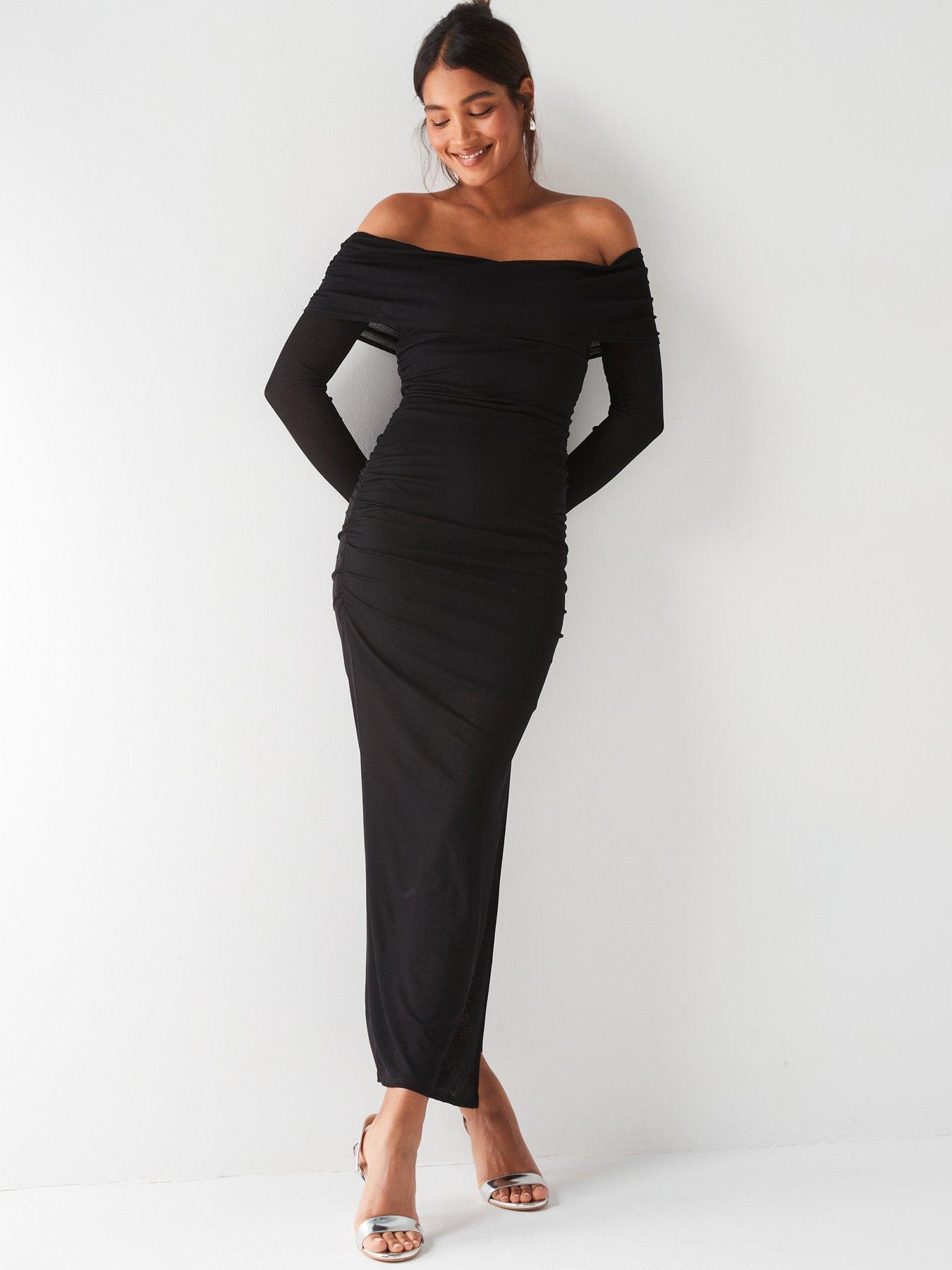  image of v-by-very-sheer-ruched-bardot-midaxi-dress-black