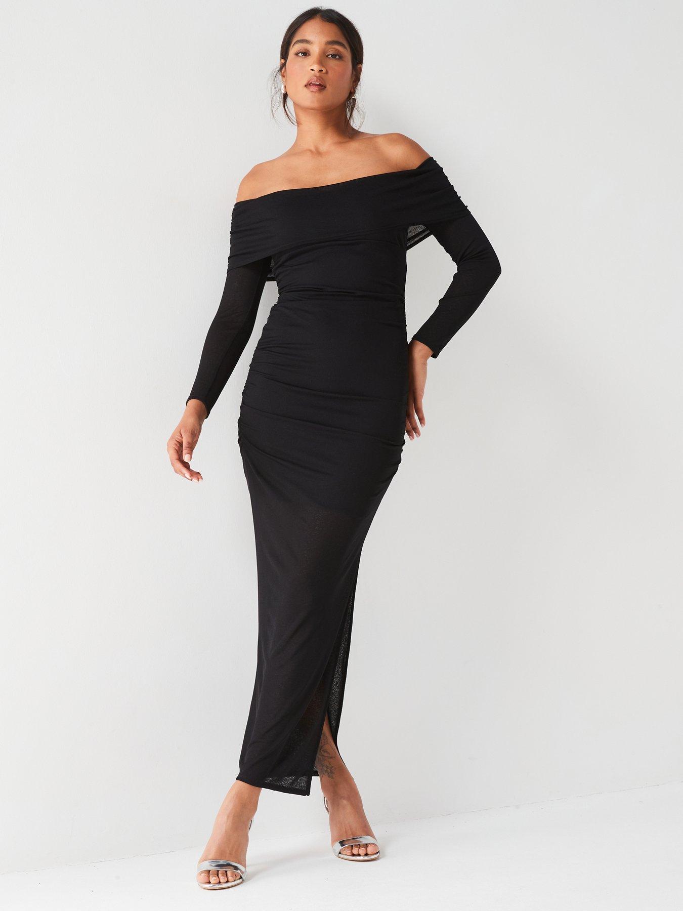  image of v-by-very-sheer-ruched-bardot-midaxi-dress-black