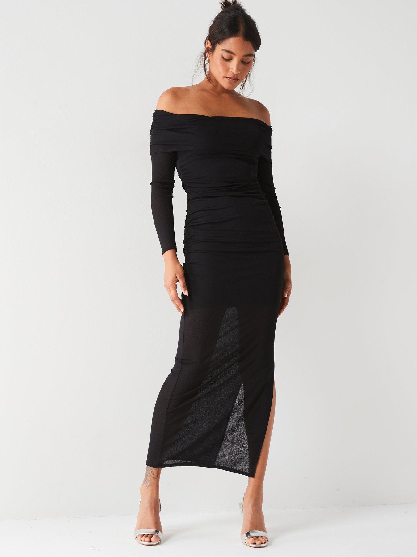  image of v-by-very-sheer-ruched-bardot-midaxi-dress-black