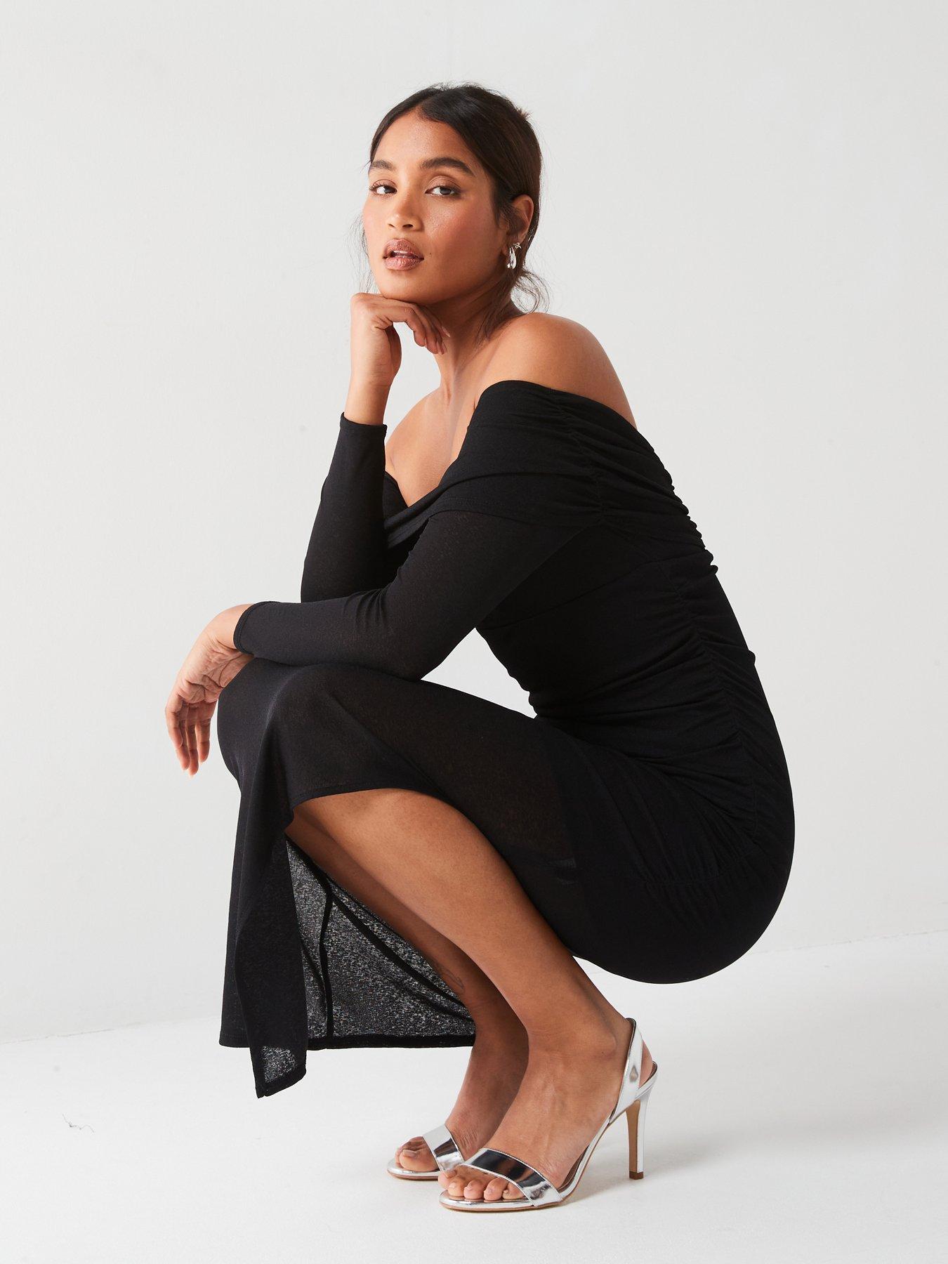  image of v-by-very-sheer-ruched-bardot-midaxi-dress-black