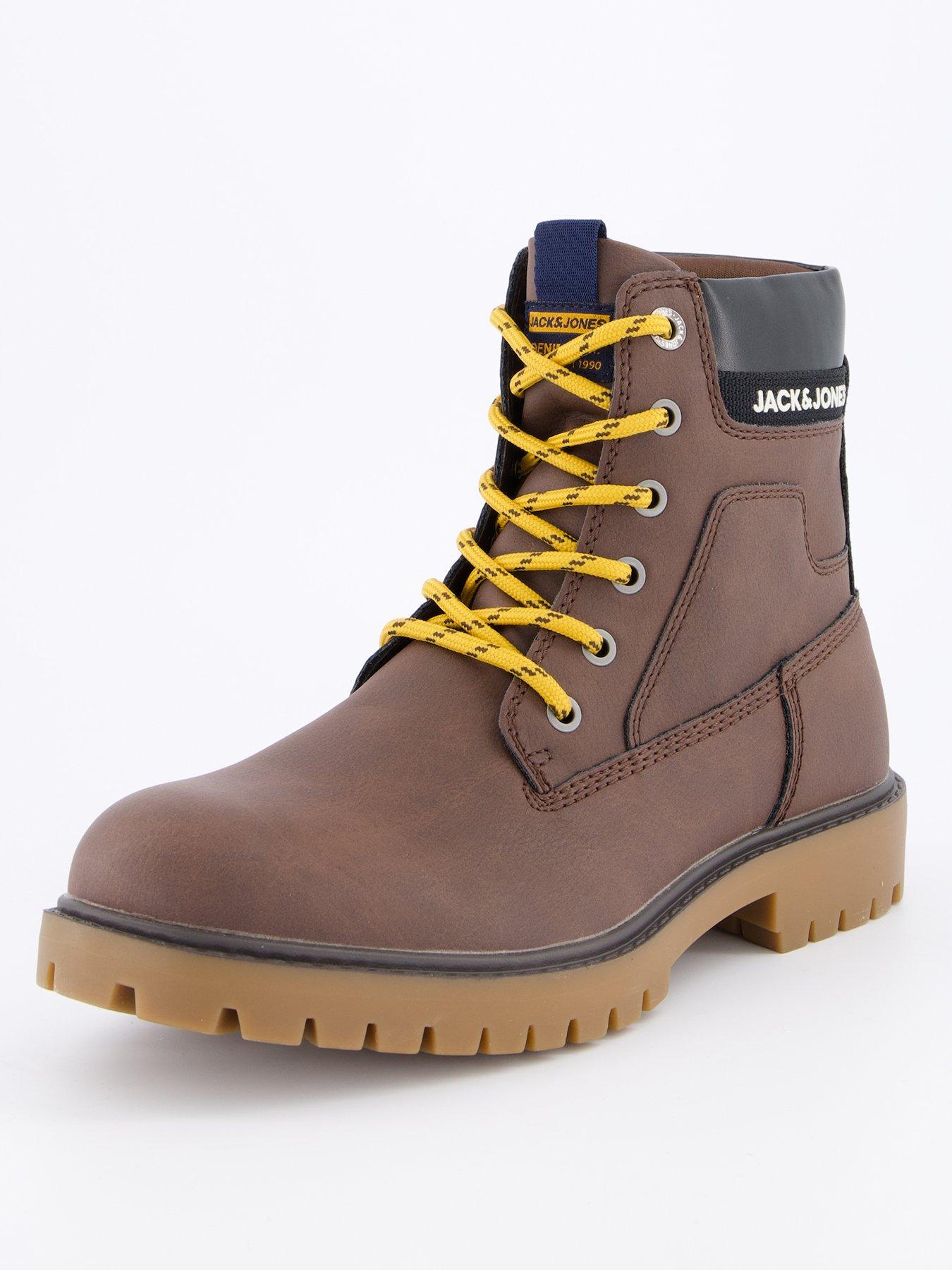  image of jack-jones-faux-leather-lace-up-worker-boots-brown