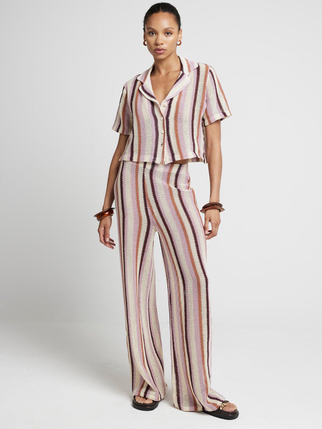undefined Stripe Crochet Wide Leg Trouser - Medium Pink