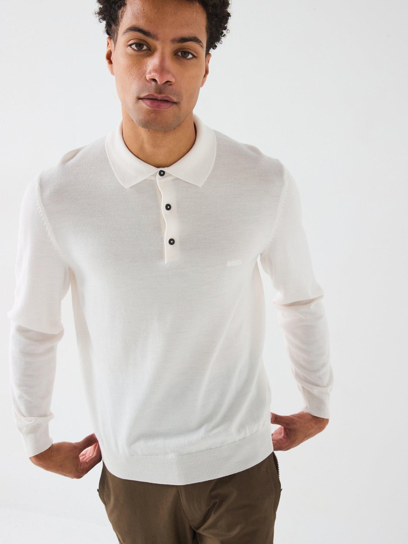 BOSS Bono-l Regular Fit Long Sleeve Knitted Polo - White