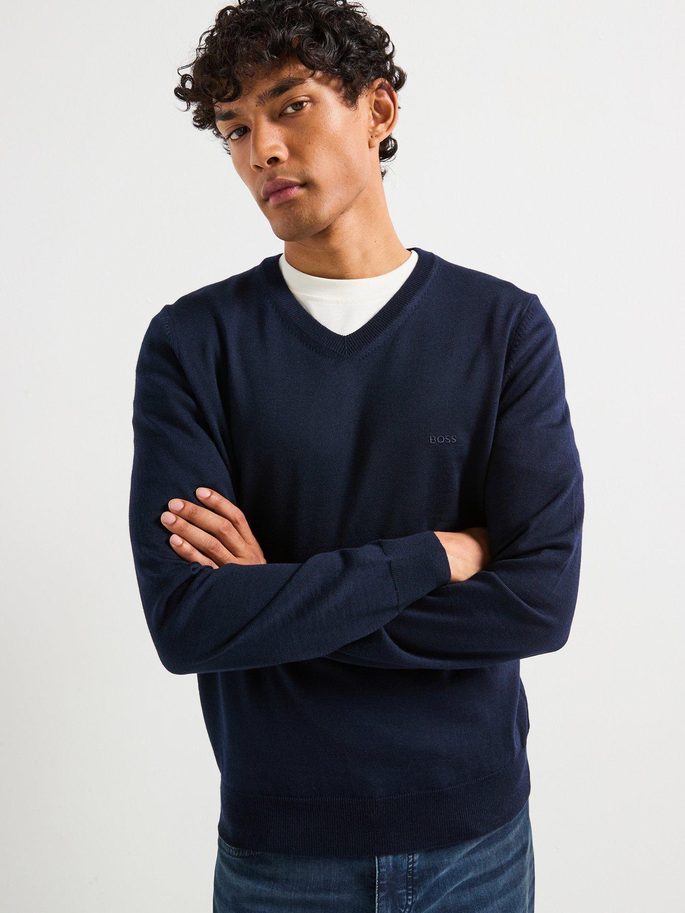 BOSS Baram-L Regular Fit V Neck Knitted Jumper - Navy