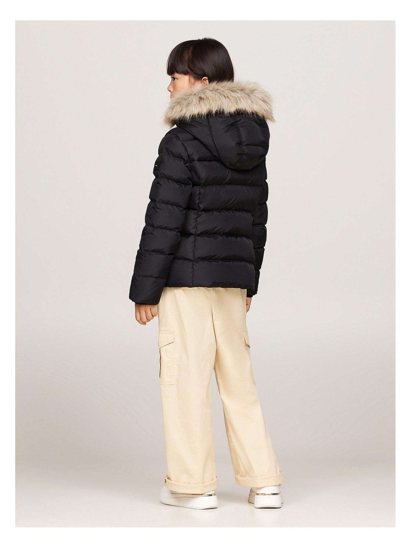 Tommy Hilfiger Girls Essential Down Fur Hood Jacket Black littlewoods