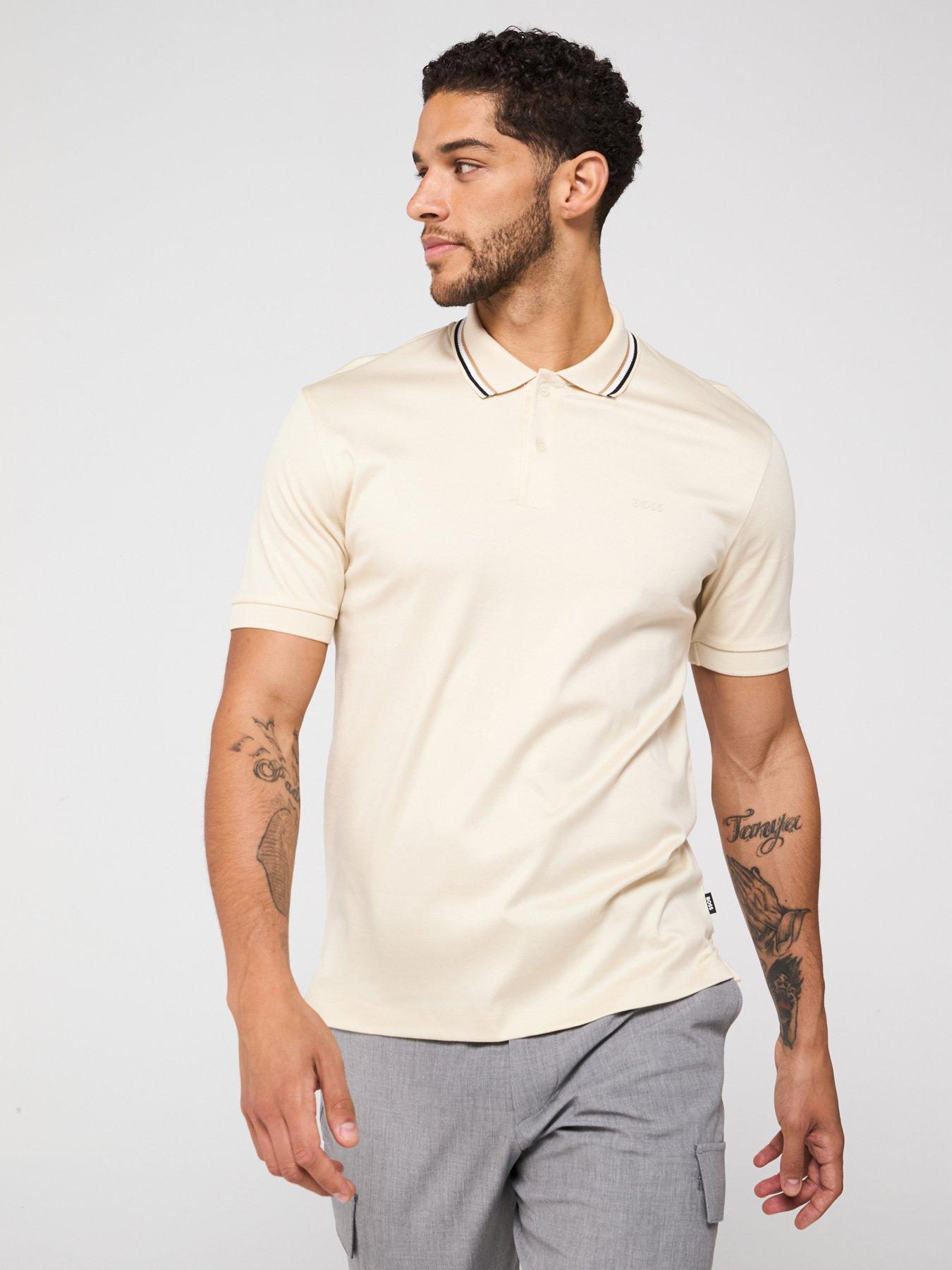 BOSS Penrose 38 Slim Fit Corporate Stripe Tipped Polo Shirt - Light Beige