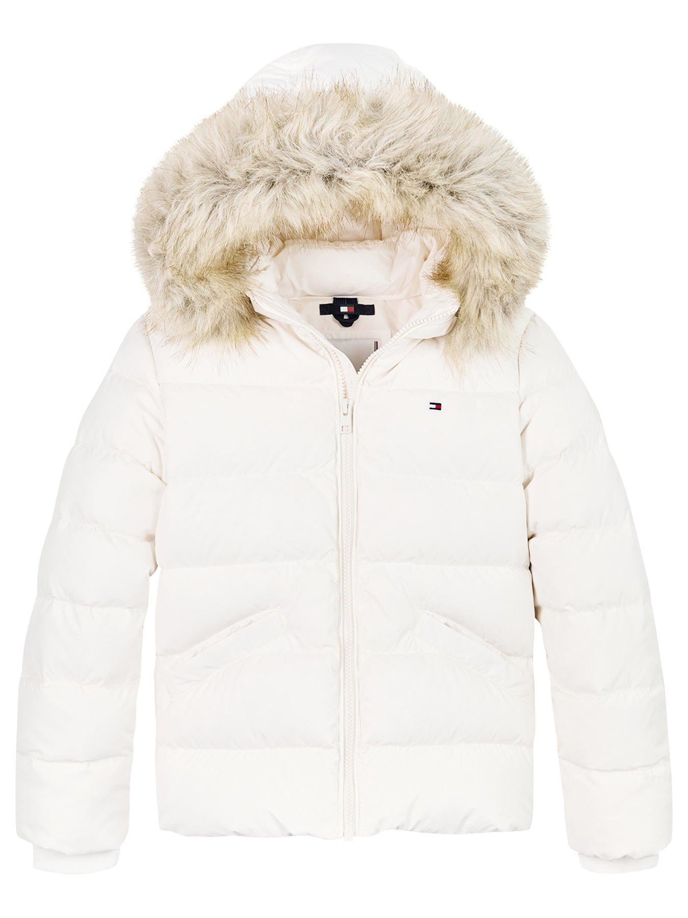 Tommy Hilfiger Girls Essential Down Fur Hood Jacket Light Cream