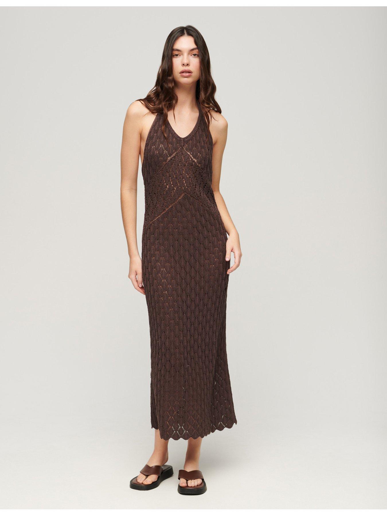  image of superdry-crochet-halter-maxi-dress-oak-brown
