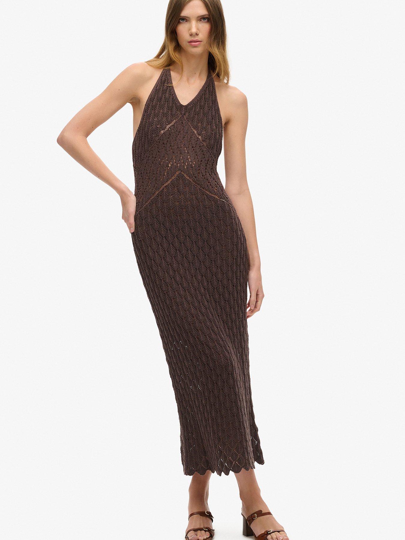 undefined Crochet Halter Maxi Dress - Oak Brown