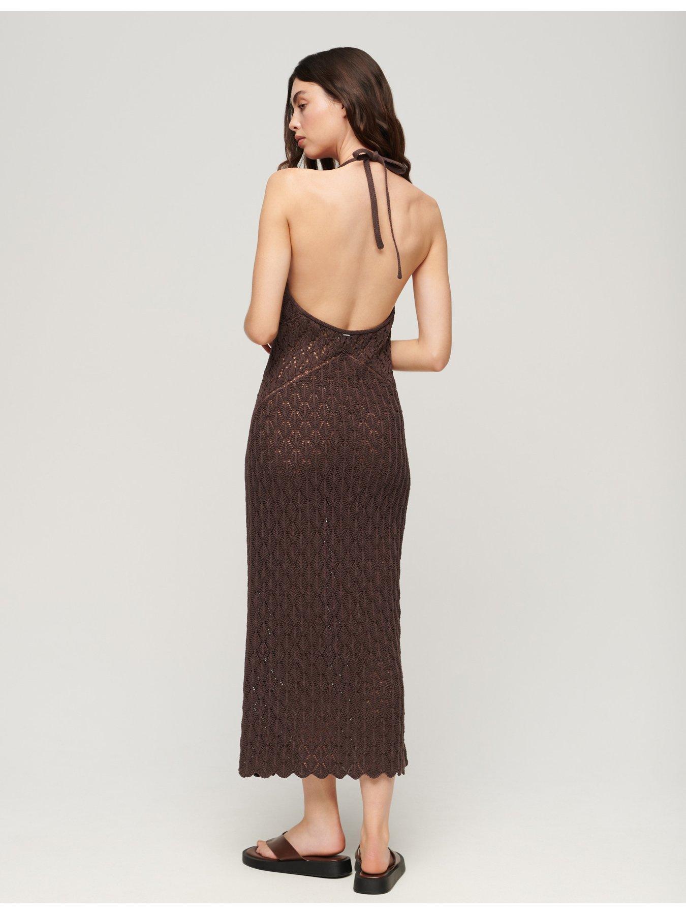  image of superdry-crochet-halter-maxi-dress-oak-brown