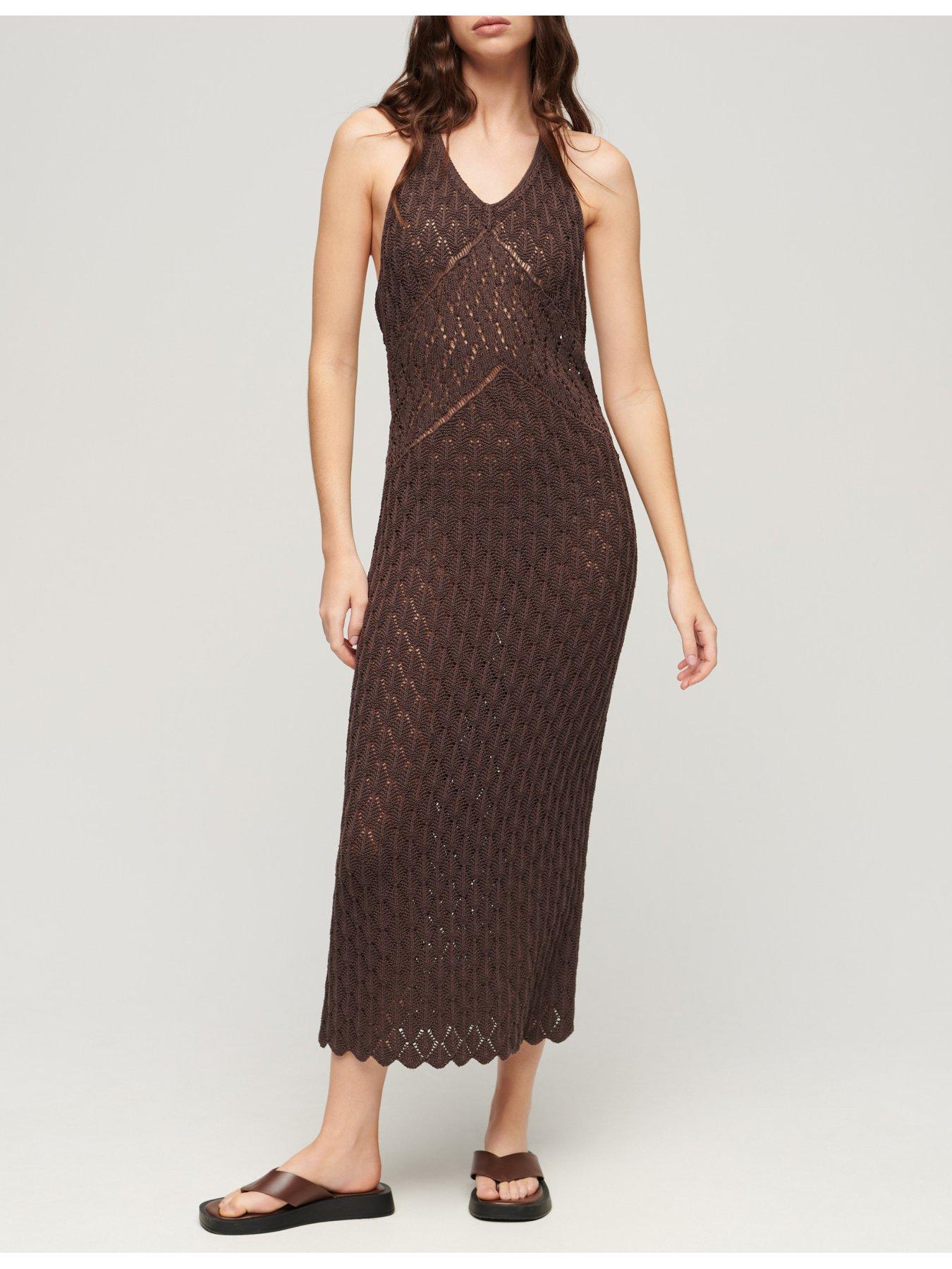  image of superdry-crochet-halter-maxi-dress-oak-brown