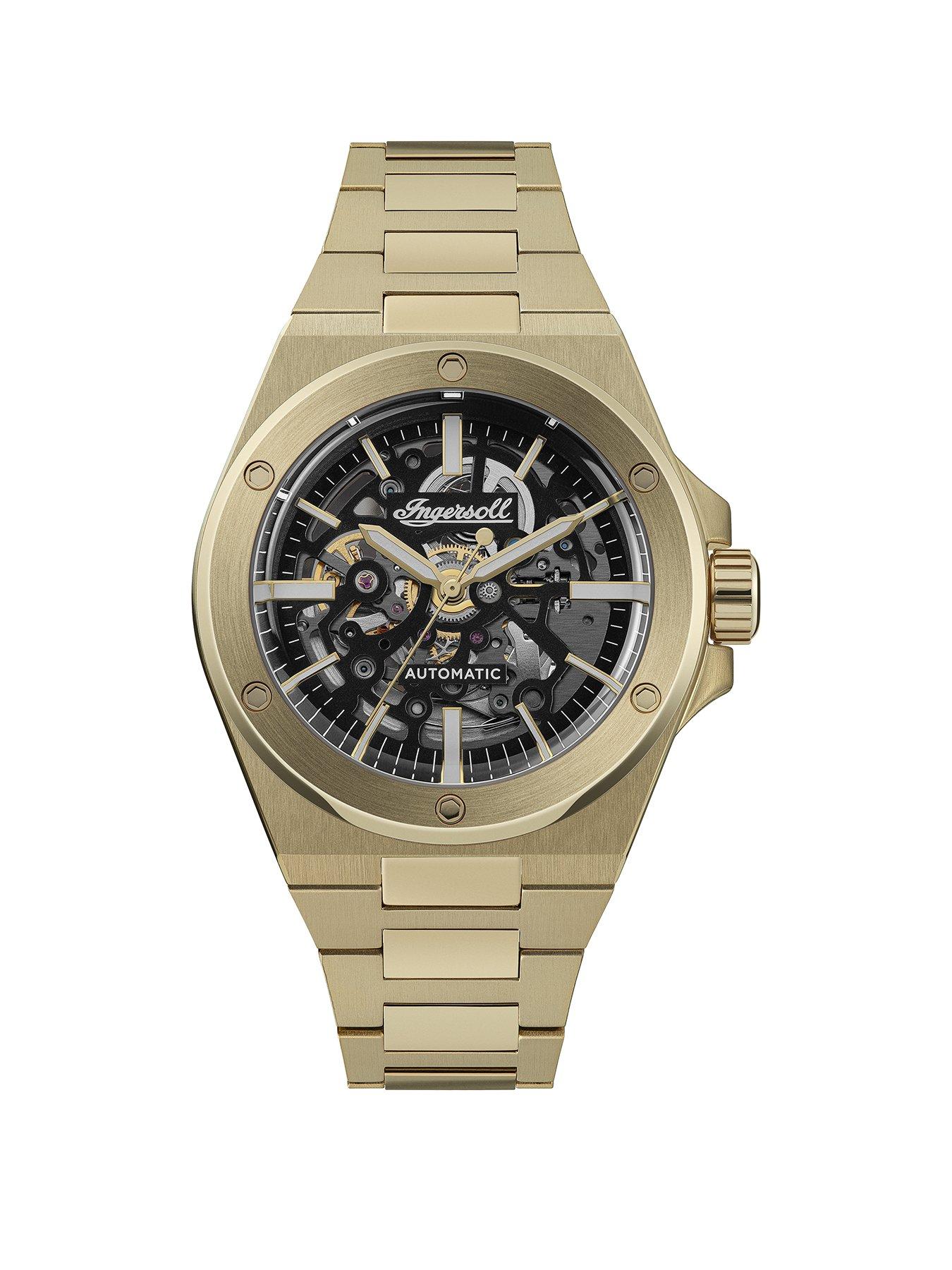  image of ingersoll-1892-the-baller-automatic-mens-watch-with-black-skeleton-dial-and-gold-bracelet-i15001