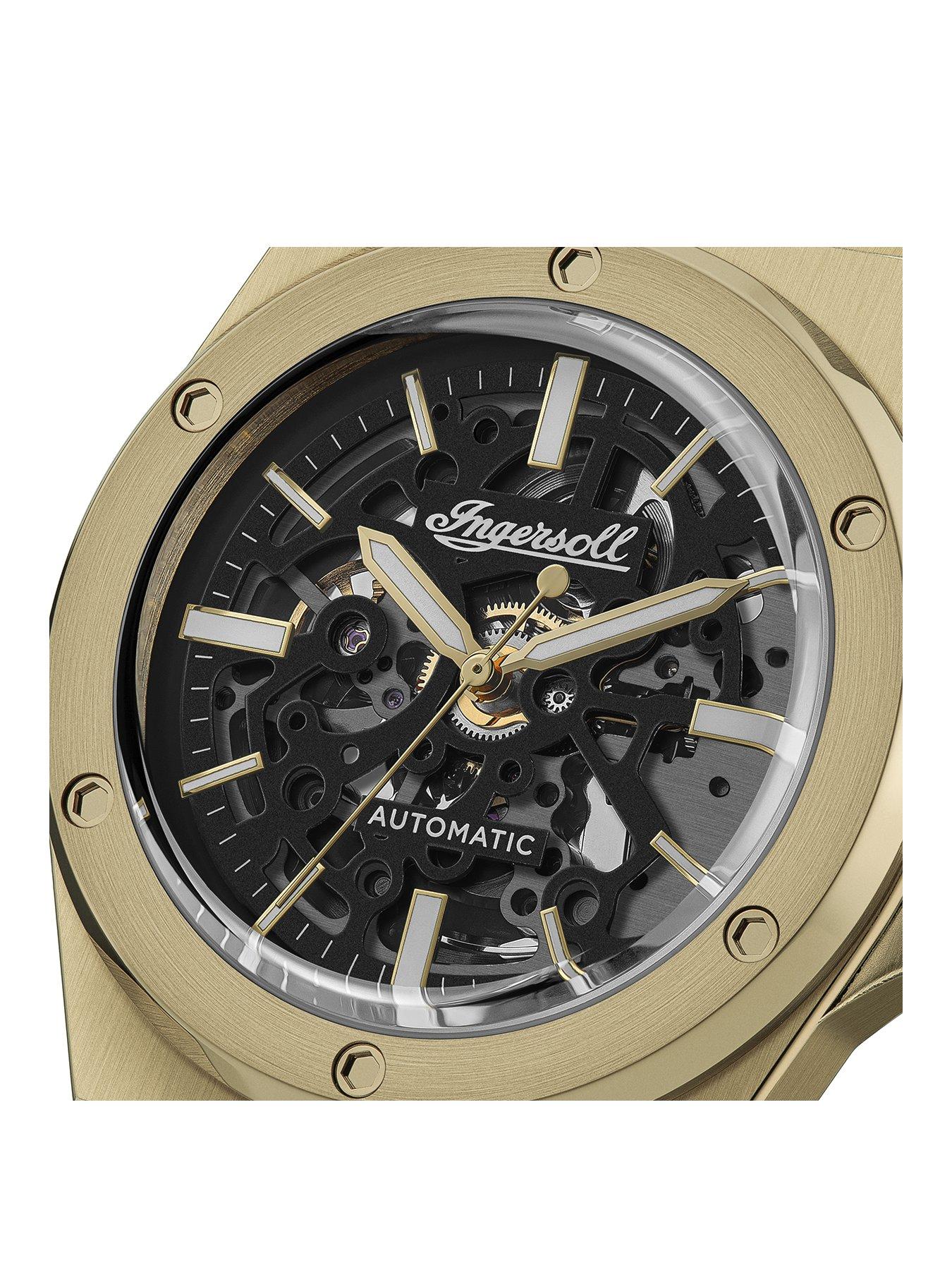  image of ingersoll-1892-the-baller-automatic-mens-watch-with-black-skeleton-dial-and-gold-bracelet-i15001
